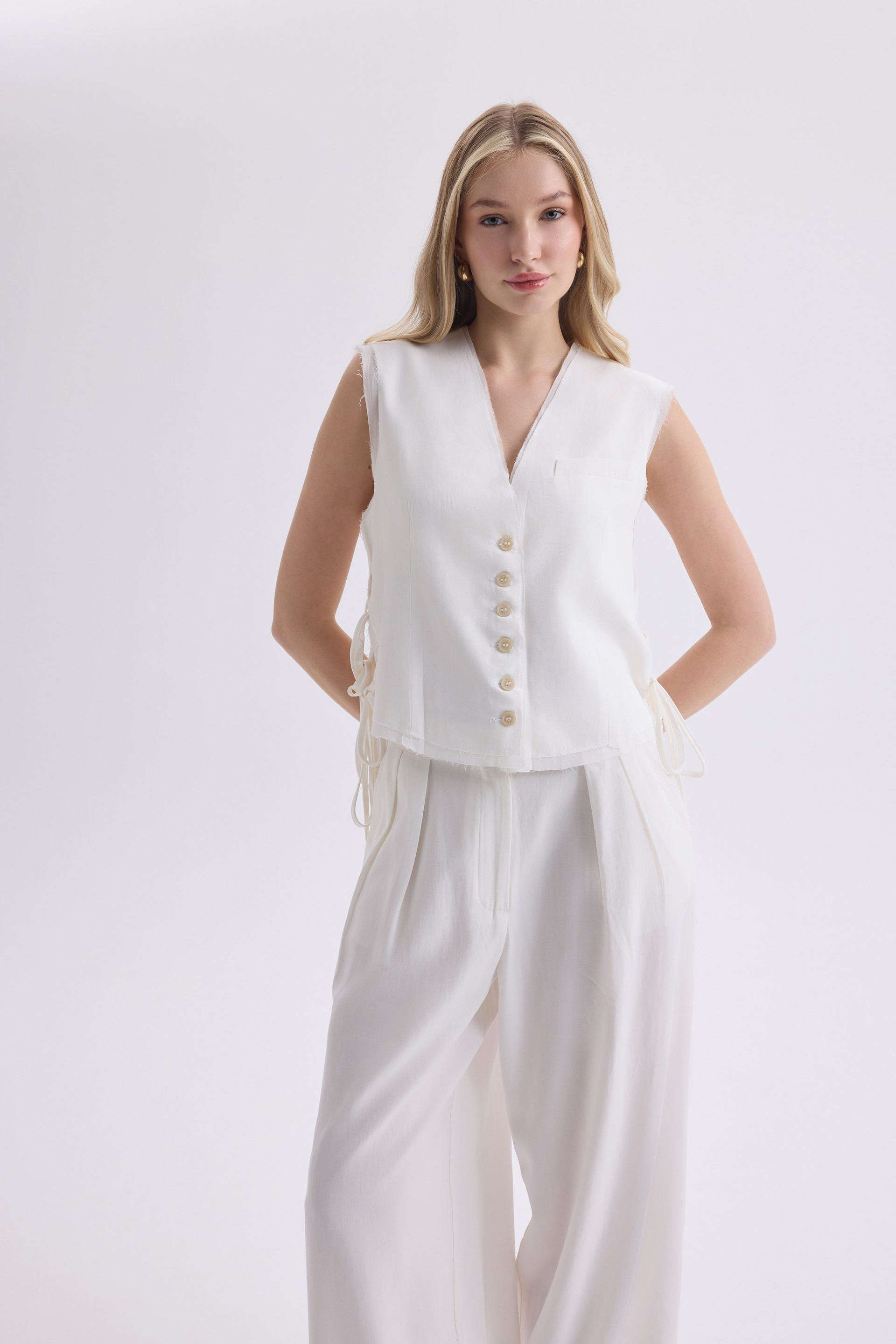 Shonas Lace-Up Detail Ecru Vest Pants Set