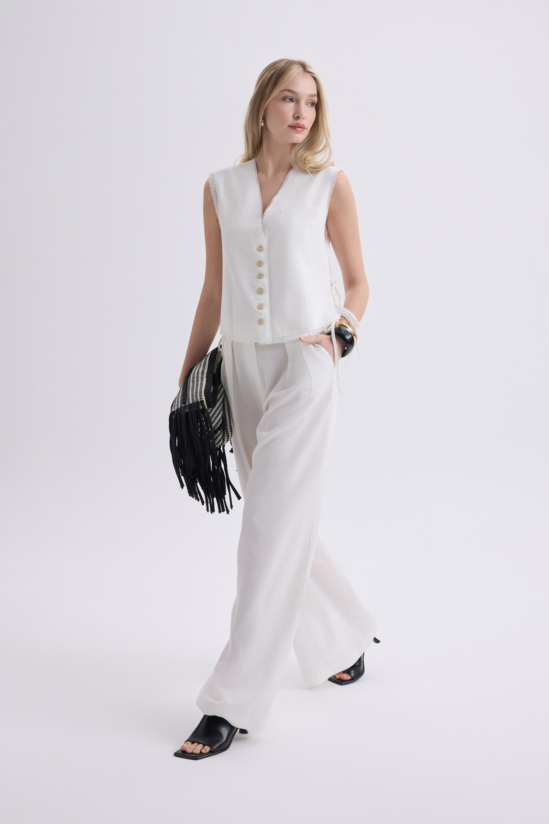 Shonas Lace-Up Detail Ecru Vest Pants Set