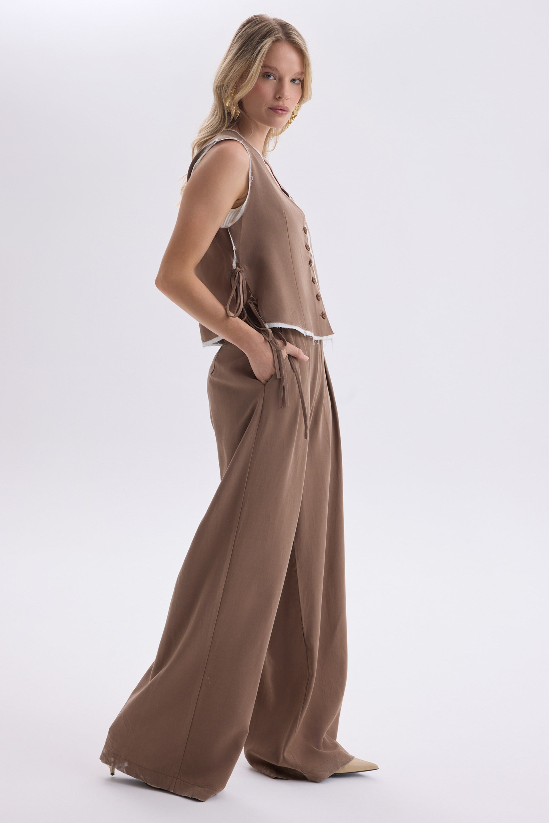 Shonas Lace-Up Detail Brown Vest Pants Set