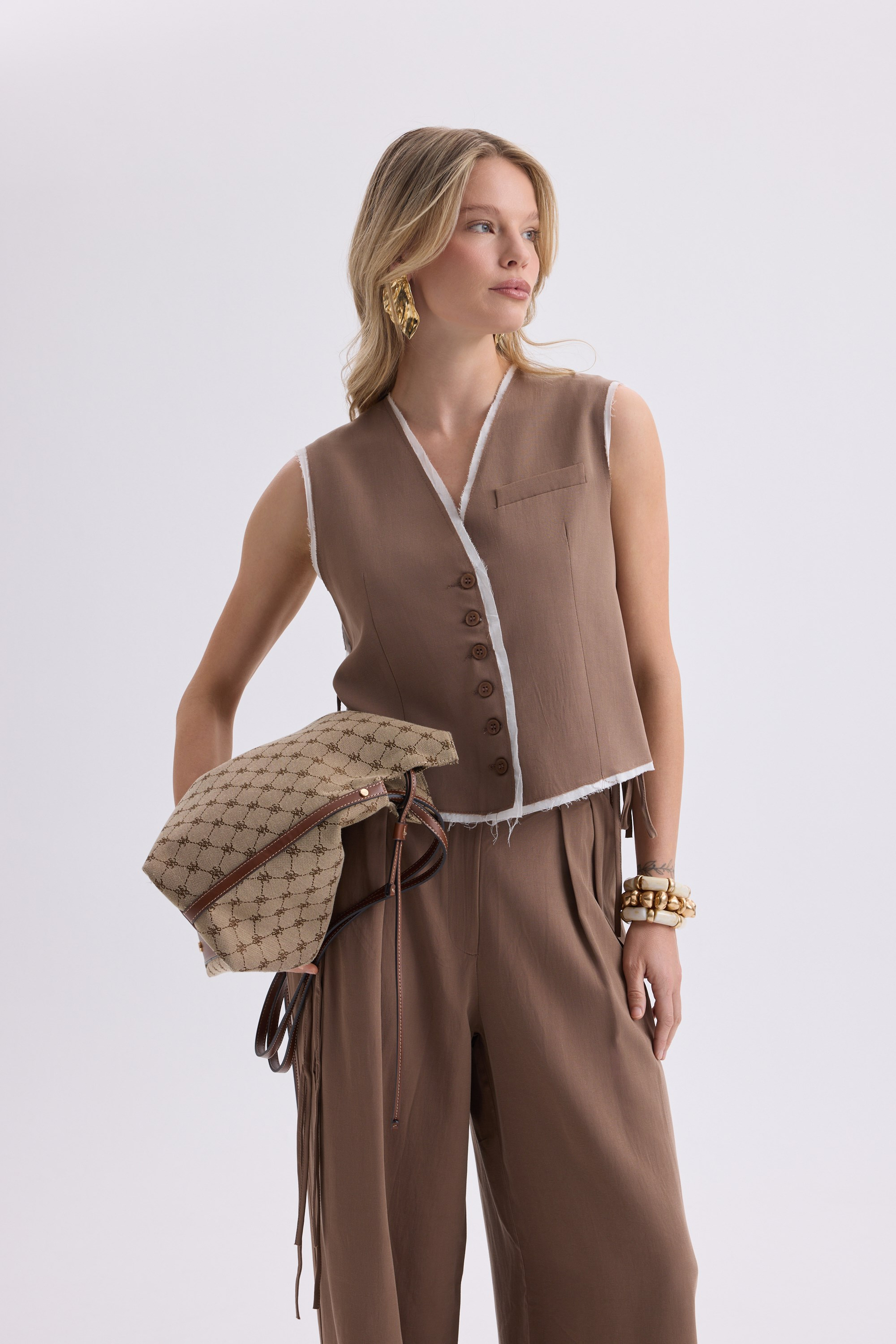 Shonas Lace-Up Detail Brown Vest Pants Set