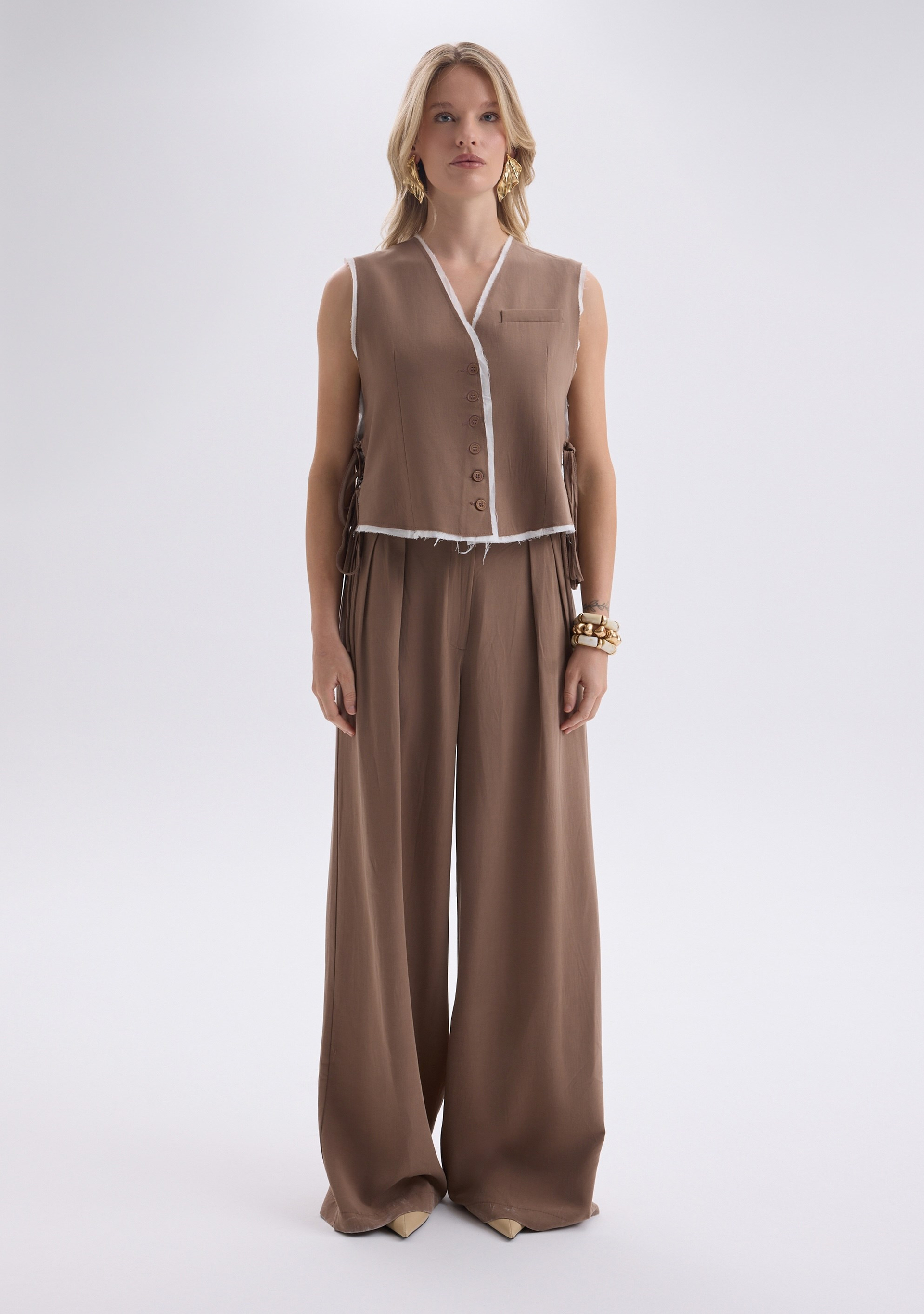 Shonas Lace-Up Detail Brown Vest Pants Set