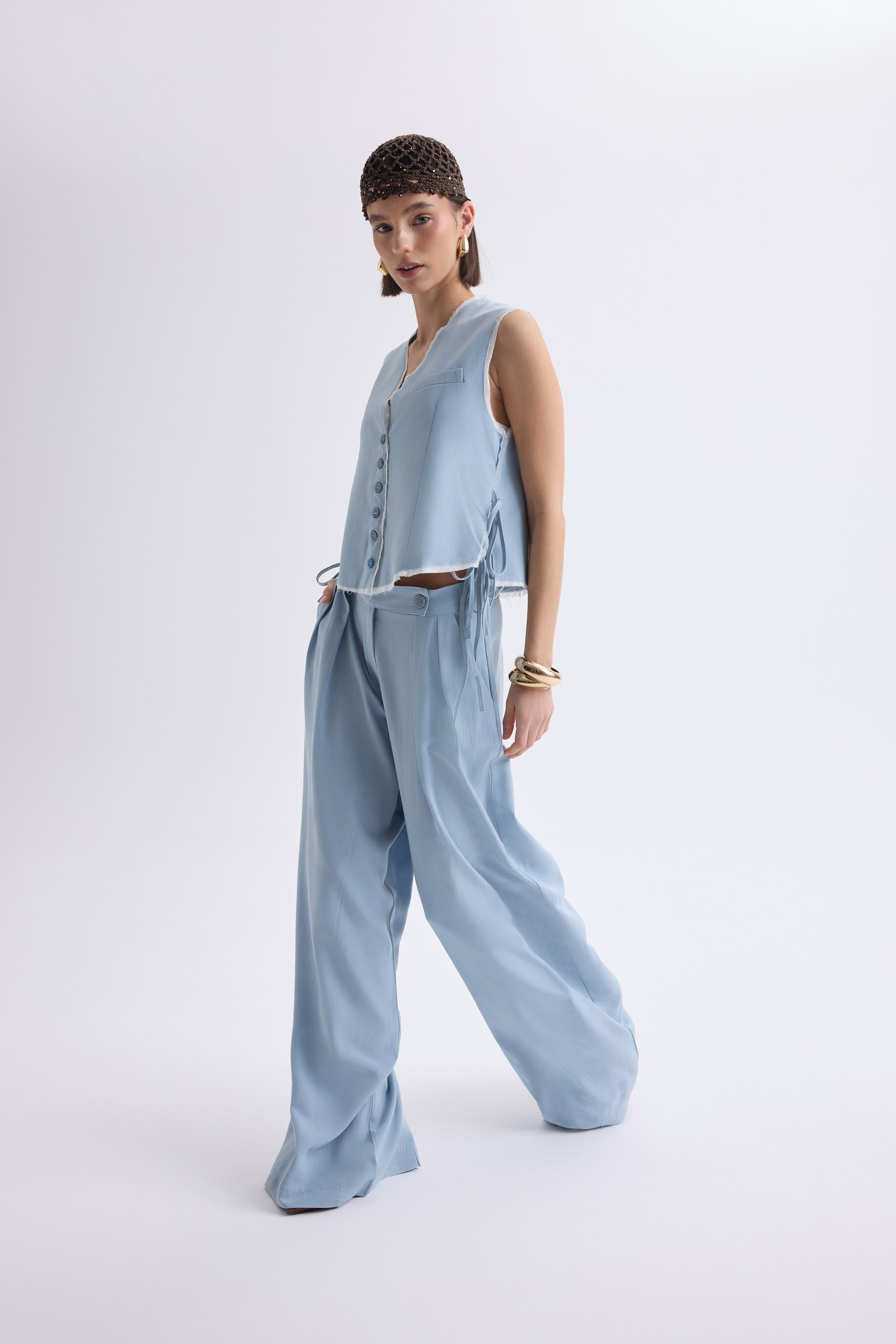 Shonas Lace-Up Detail Blue Vest Pants Set