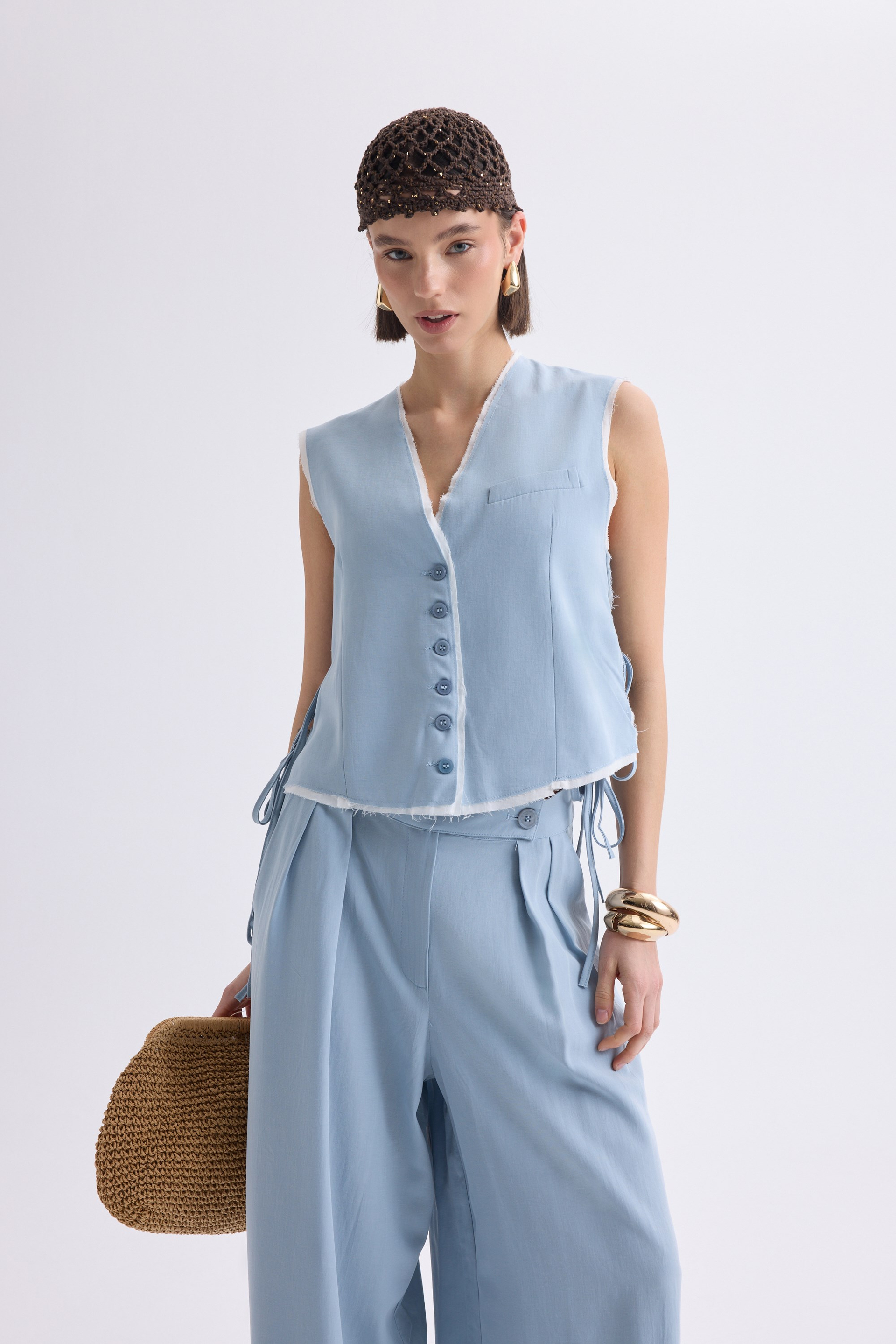 Shonas Lace-Up Detail Blue Vest Pants Set