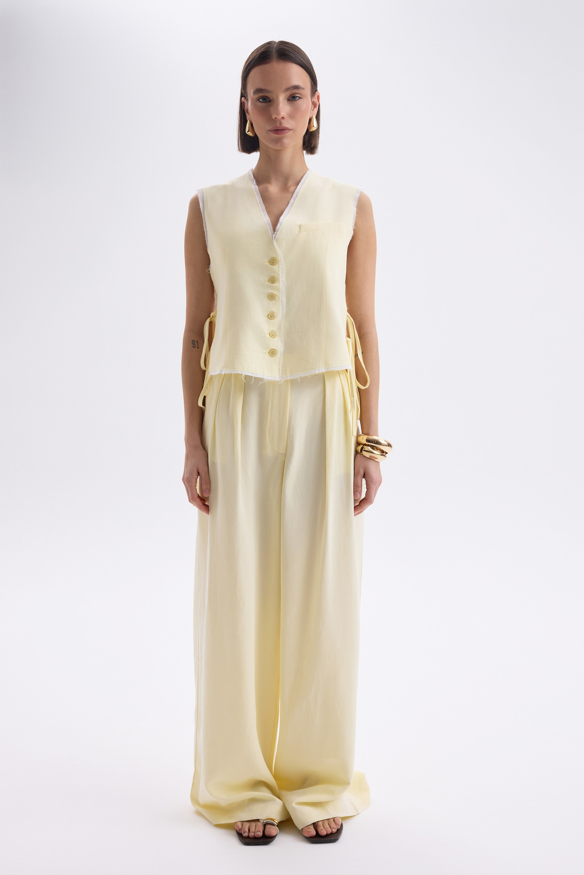 Shonas Lace-Up Detail Yellow Vest Pants Set