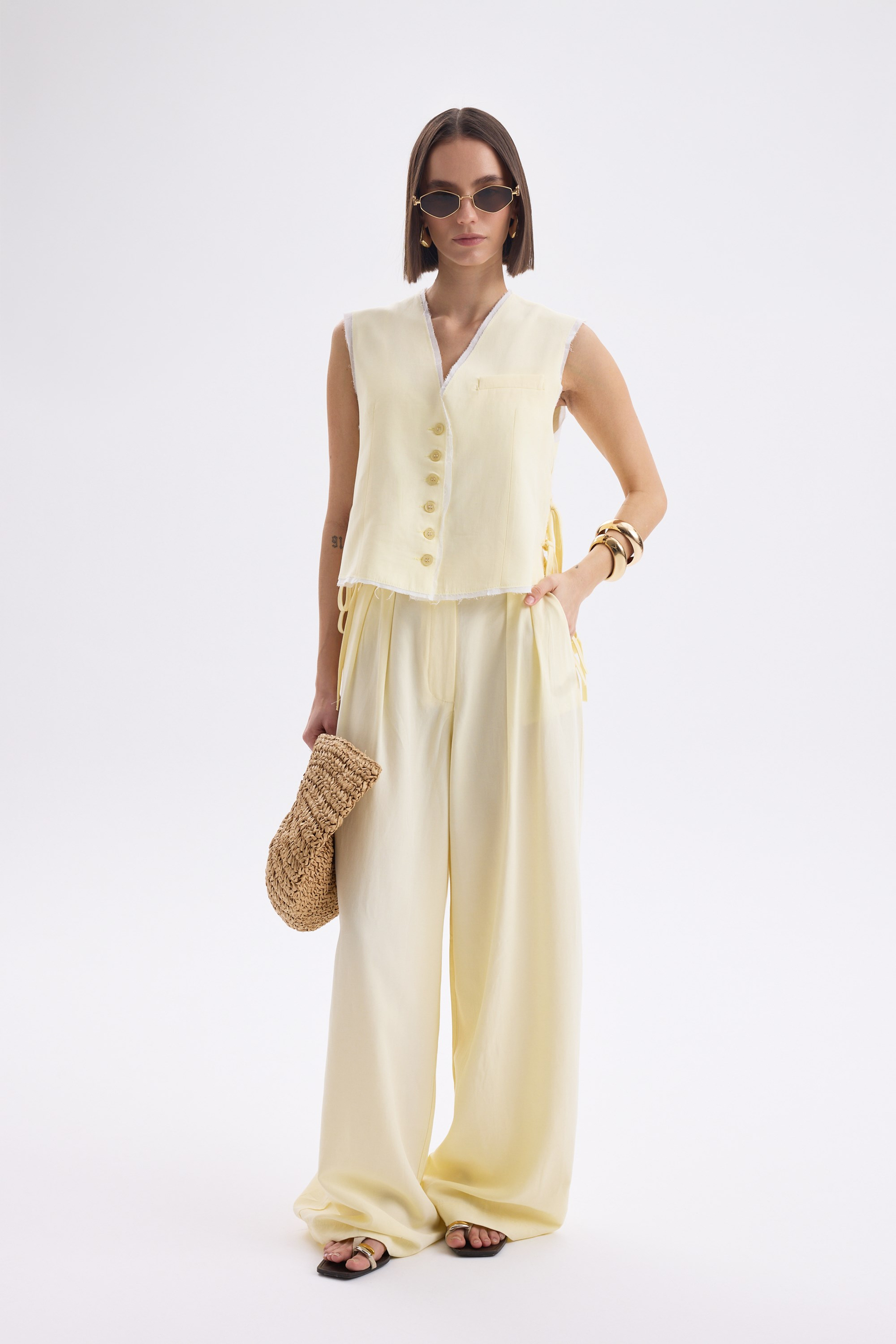 Shonas Lace-Up Detail Yellow Vest Pants Set