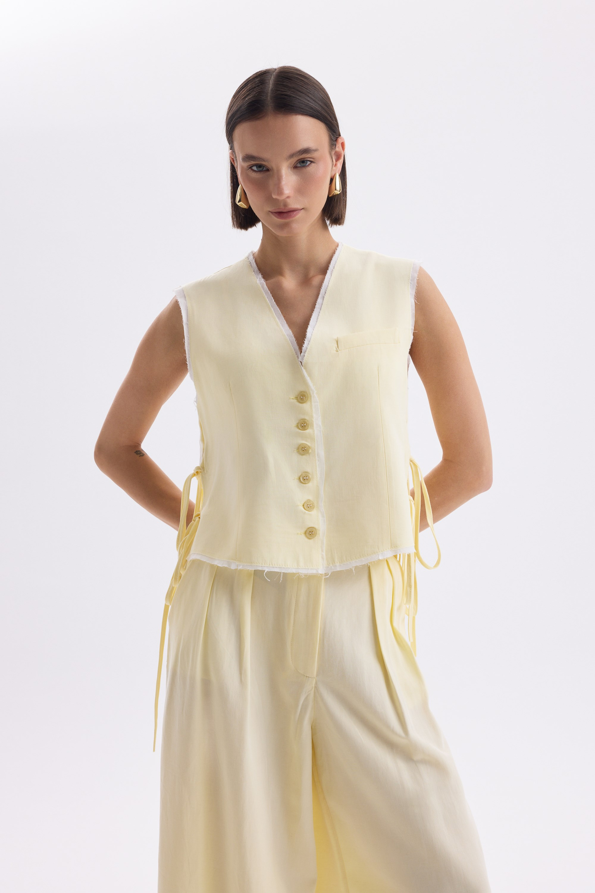 Shonas Lace-Up Detail Yellow Vest Pants Set