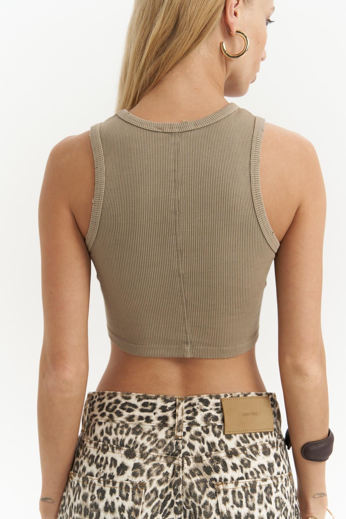 Shoulder Haki Yıkamalı Fitilli Crop