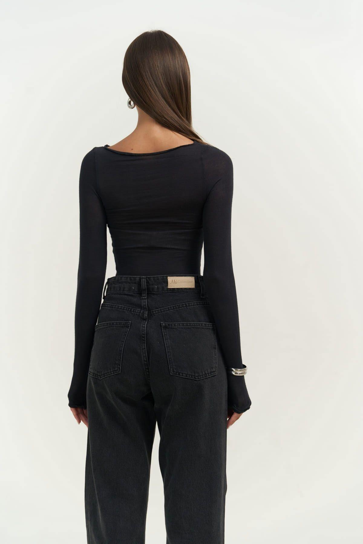 Silvano Boat Neck Long Sleeve Black Blouse