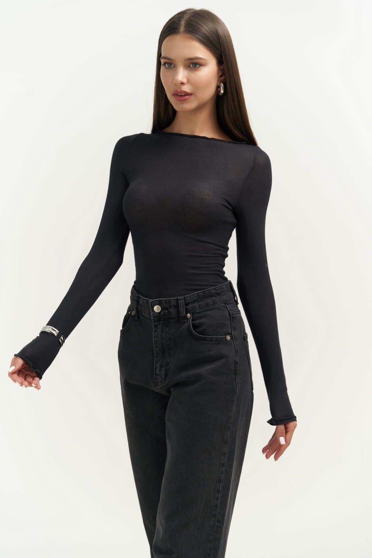 Silvano Boat Neck Long Sleeve Black Blouse