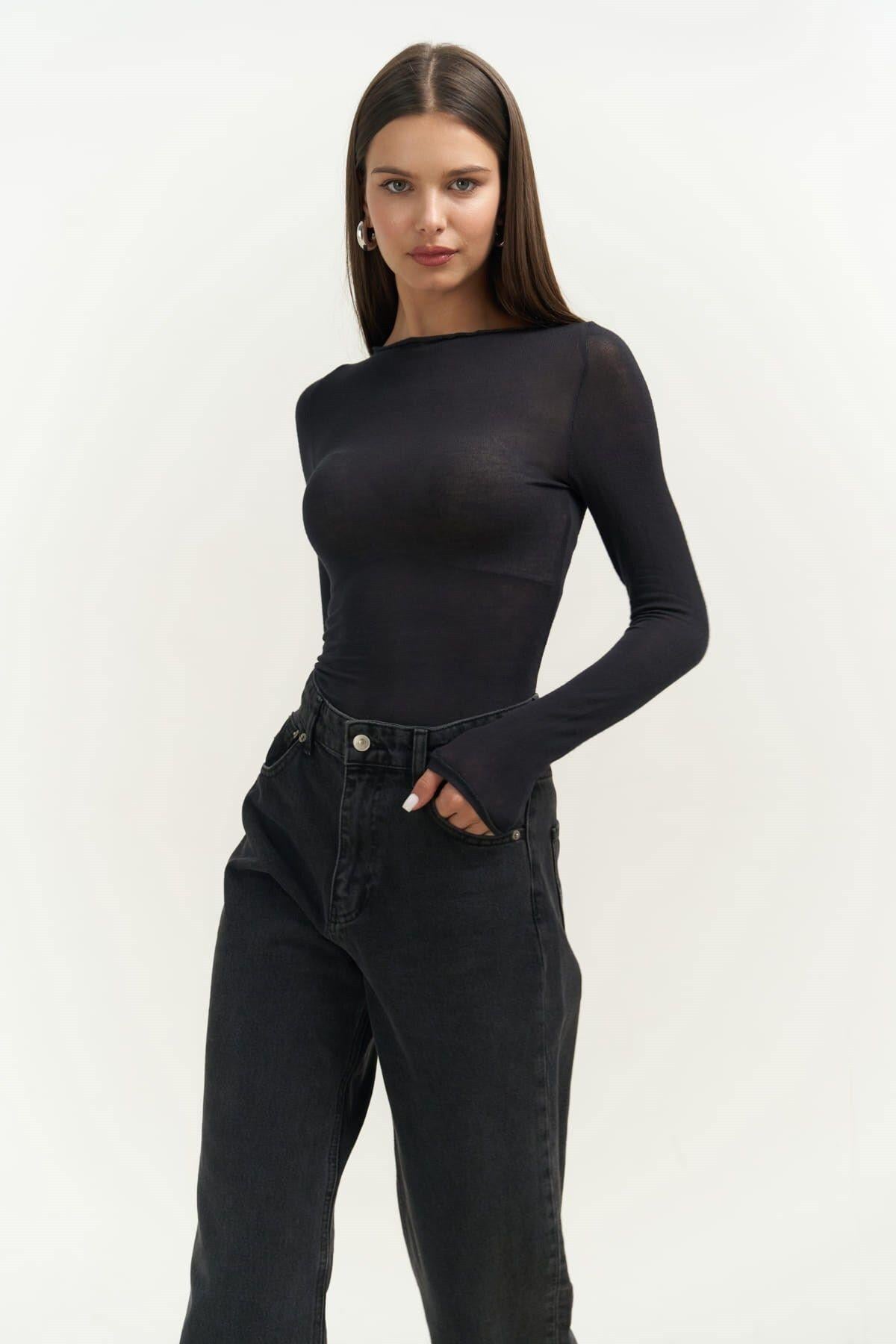 Silvano Boat Neck Long Sleeve Black Blouse