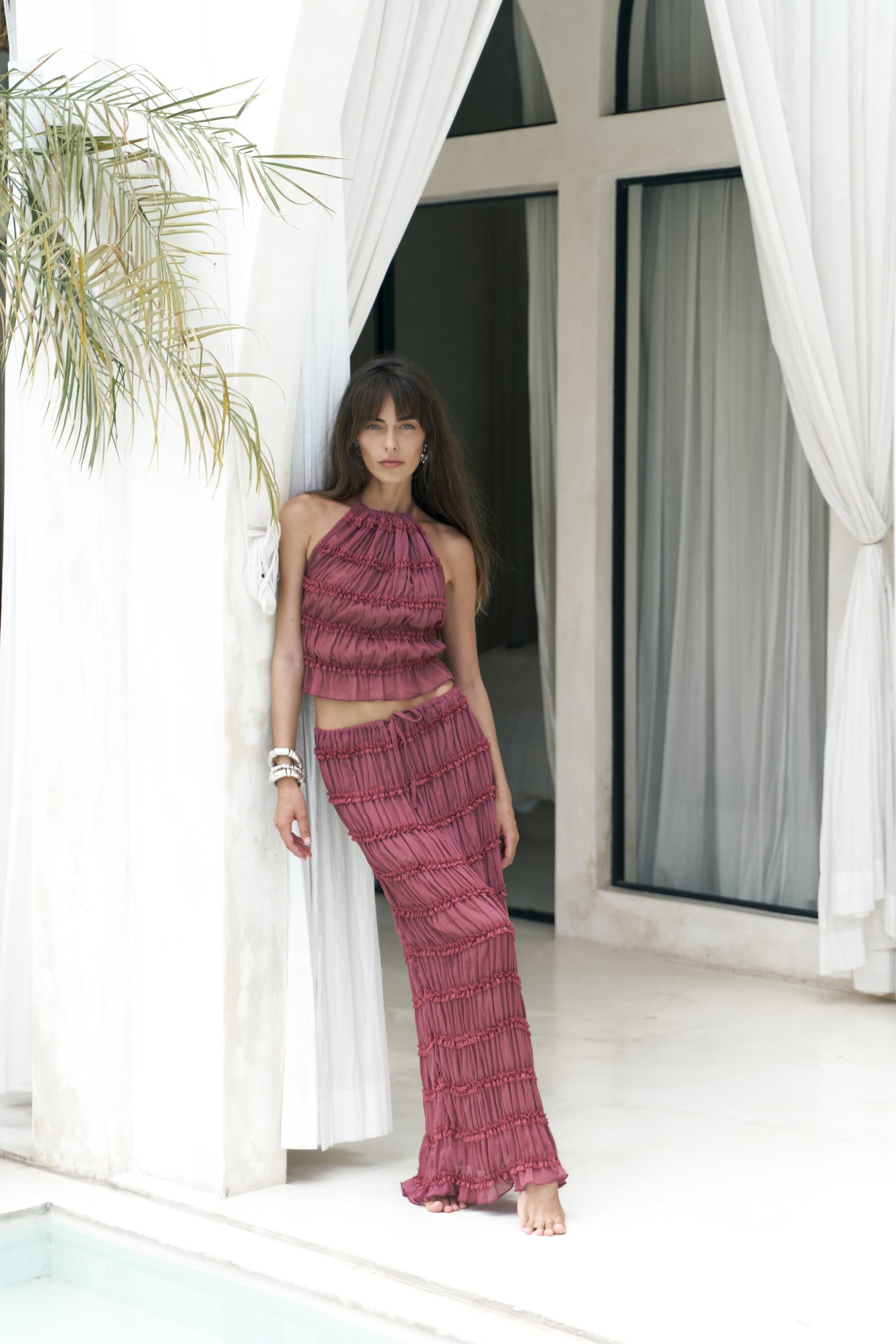 Sofi Transparan Açık Bordo Crop Etek Takım