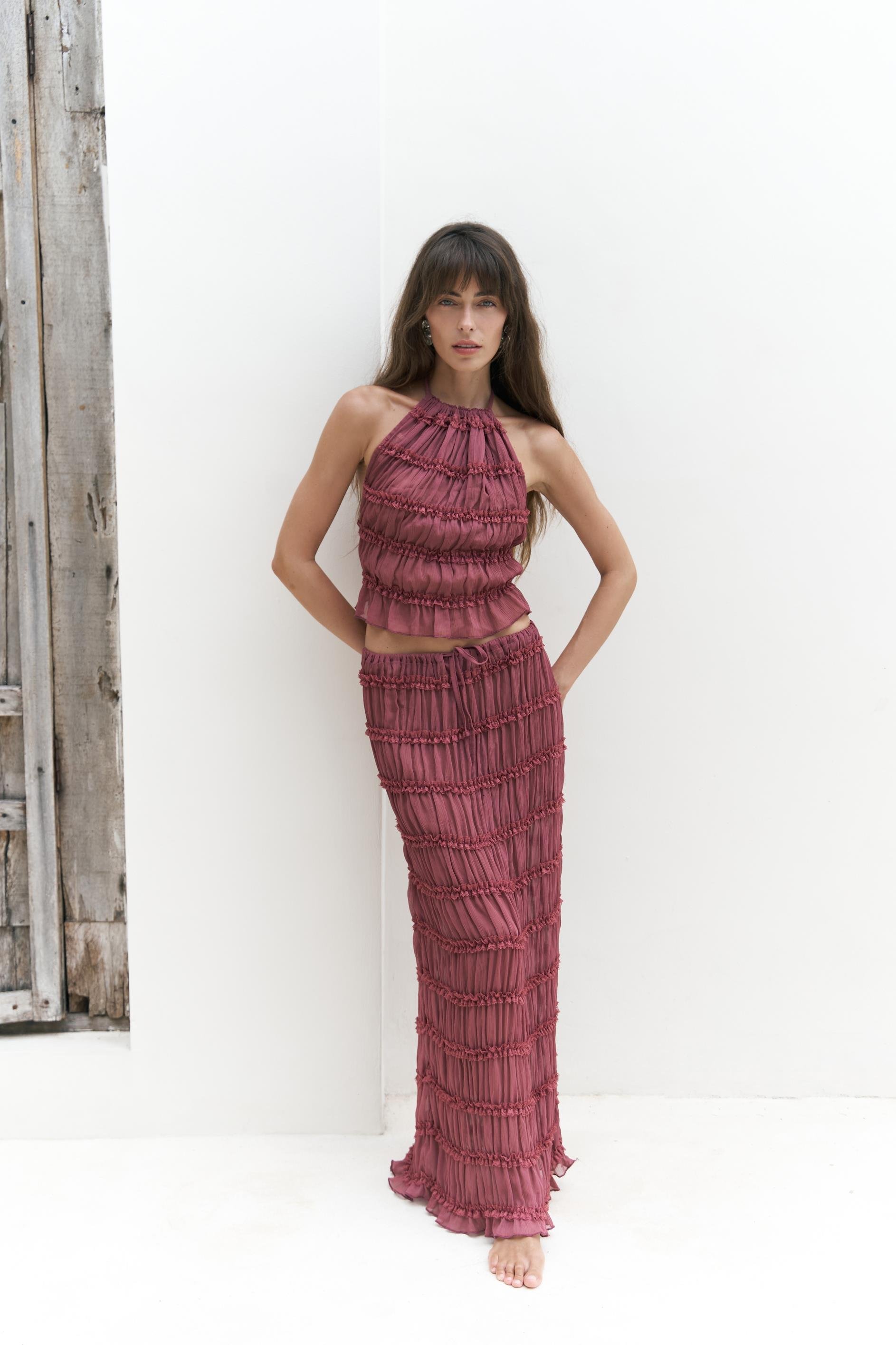 Sofi Transparan Açık Bordo Crop Etek Takım