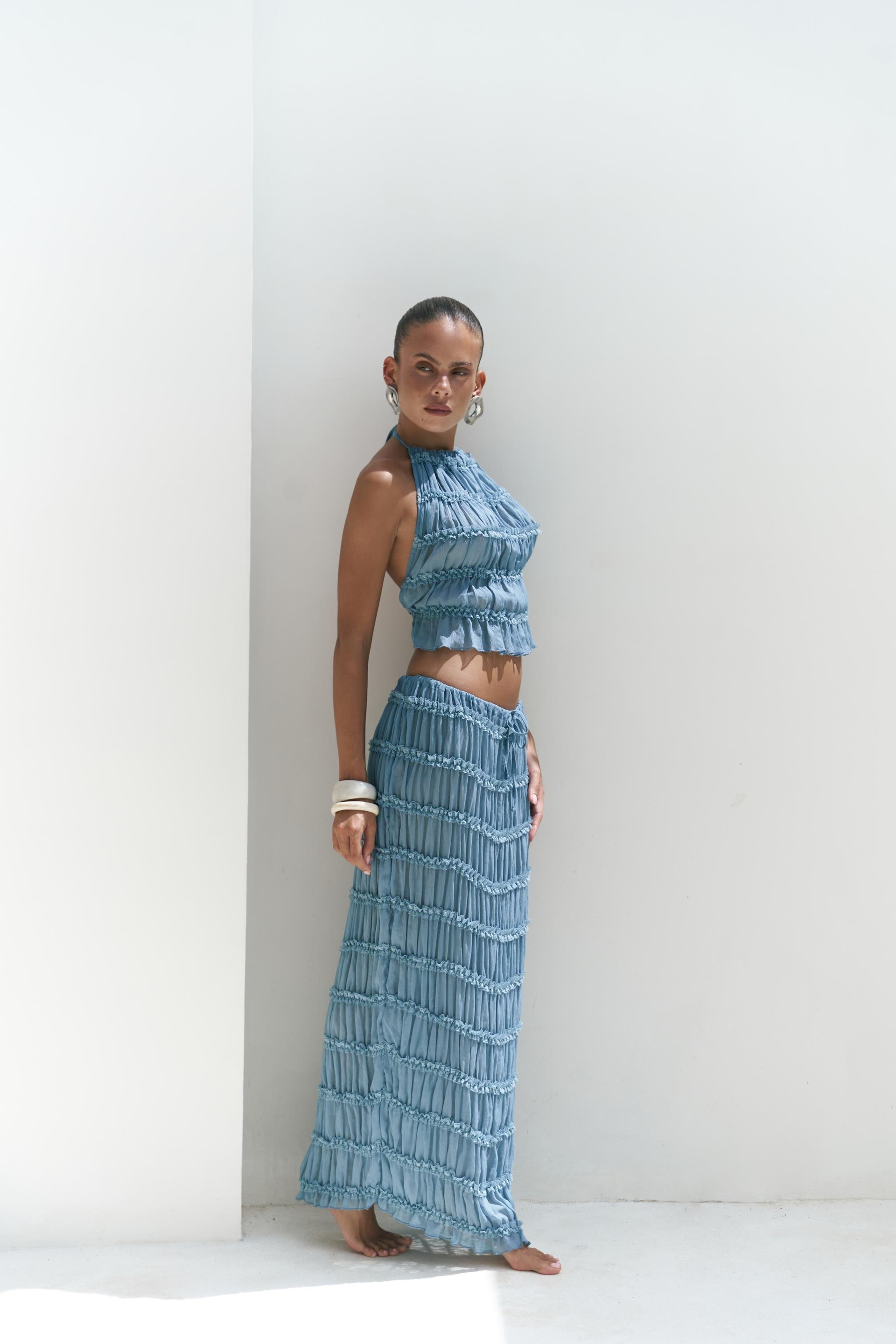 Sofi Transparan Mavi Crop Etek Takım