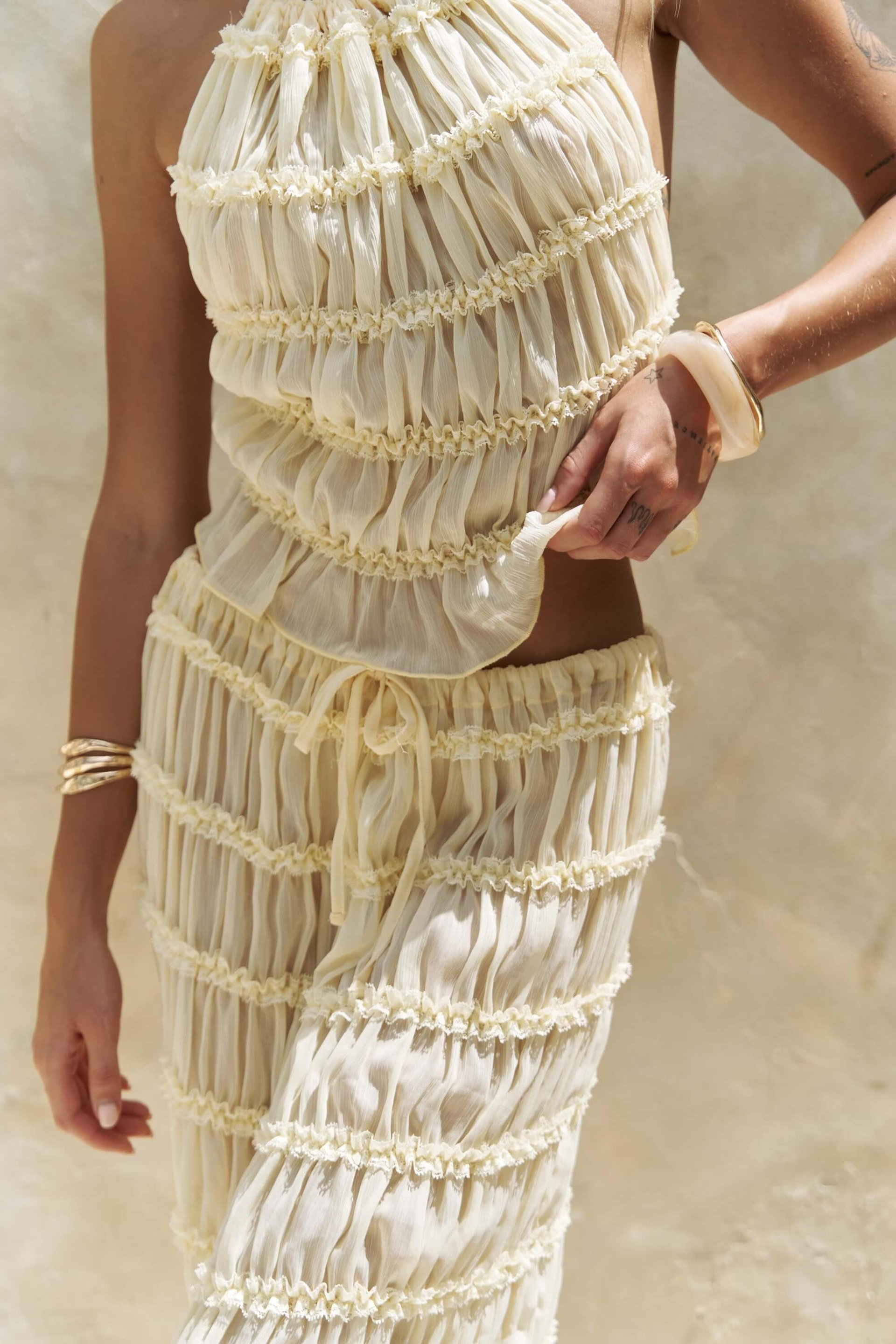 Sofi Transparan Sarı Crop Etek Takım