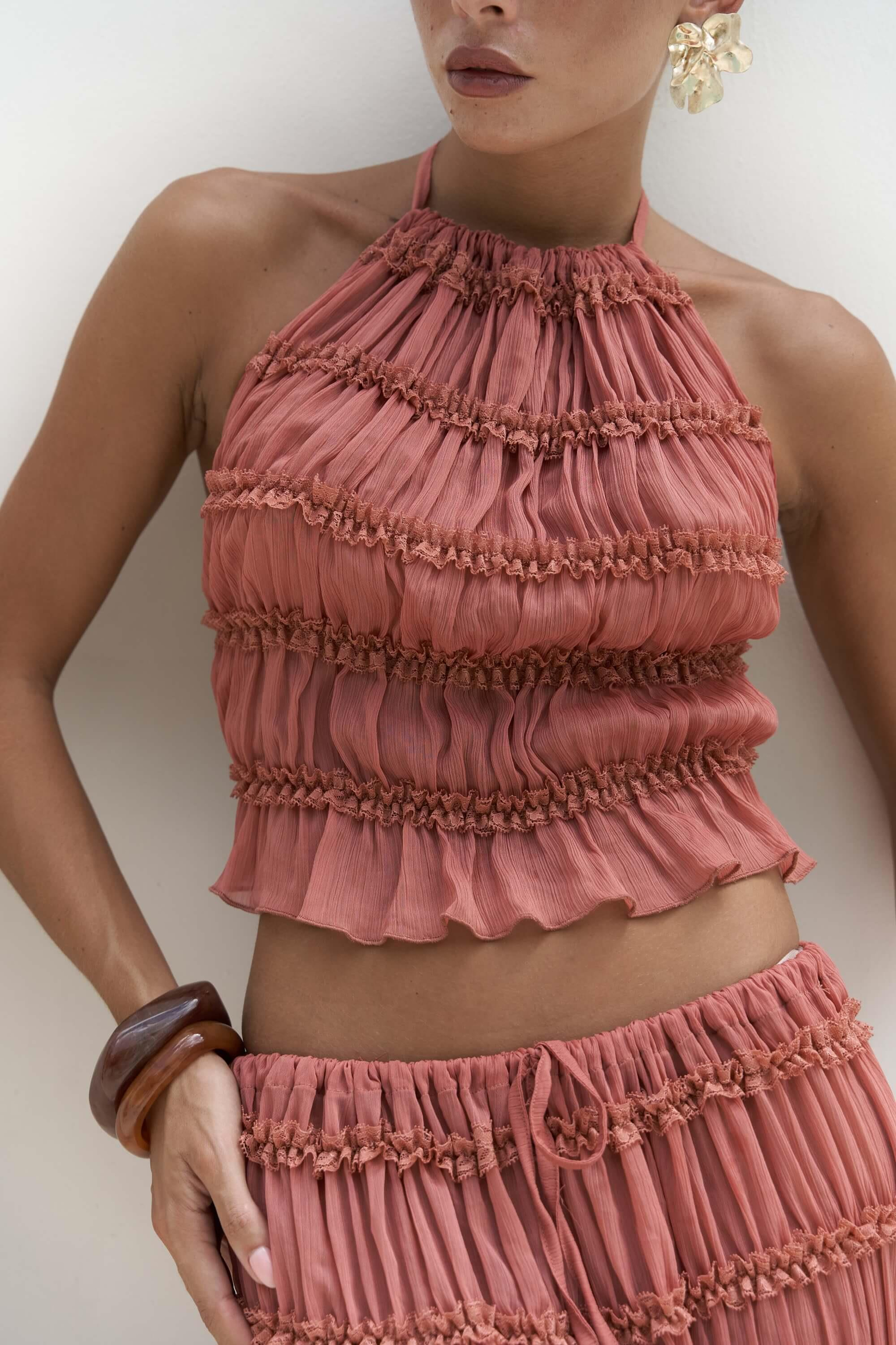 Sofi Transparan Tarçın Crop Etek Takım