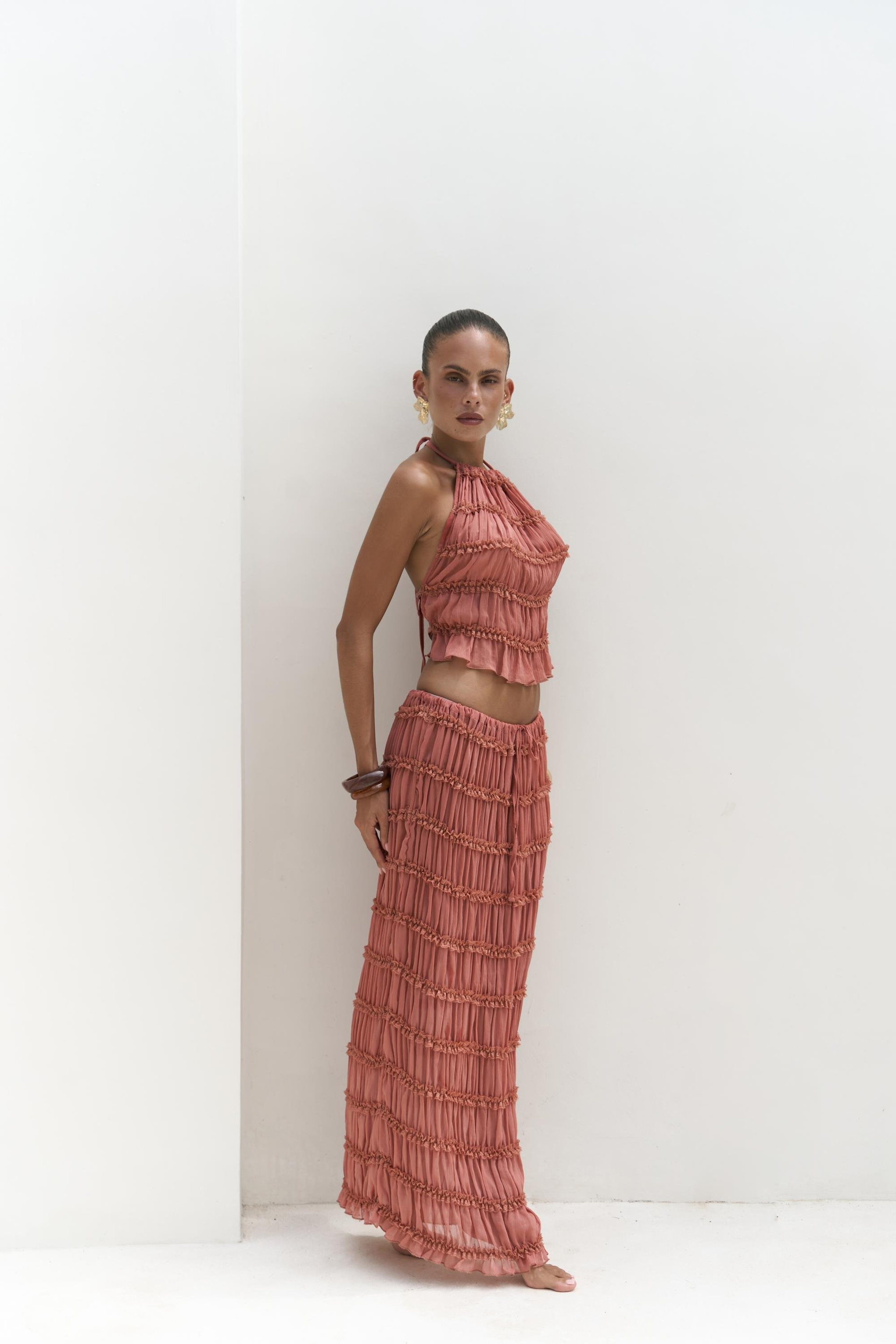 Sofi Transparan Tarçın Crop Etek Takım