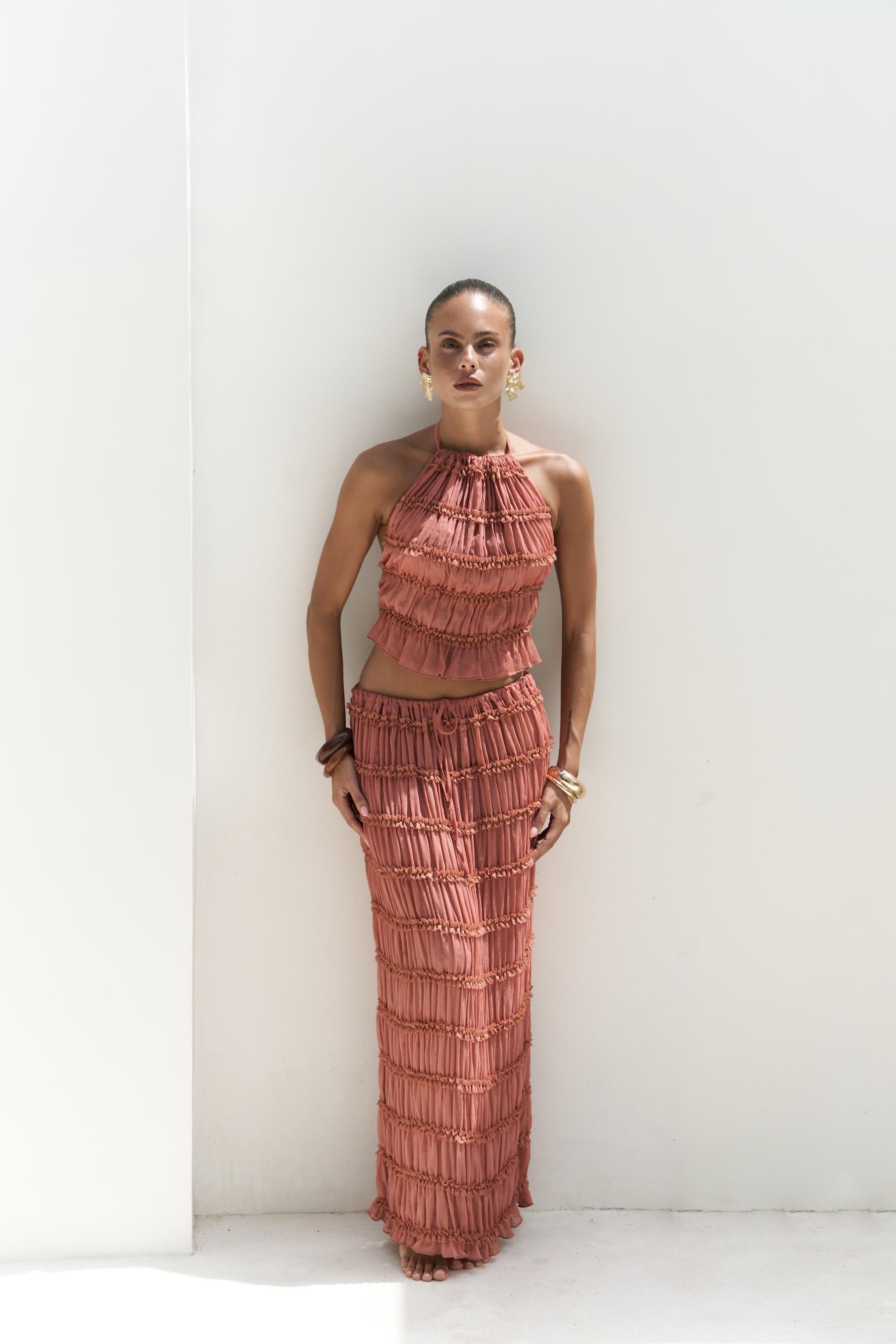 Sofi Transparan Tarçın Crop Etek Takım