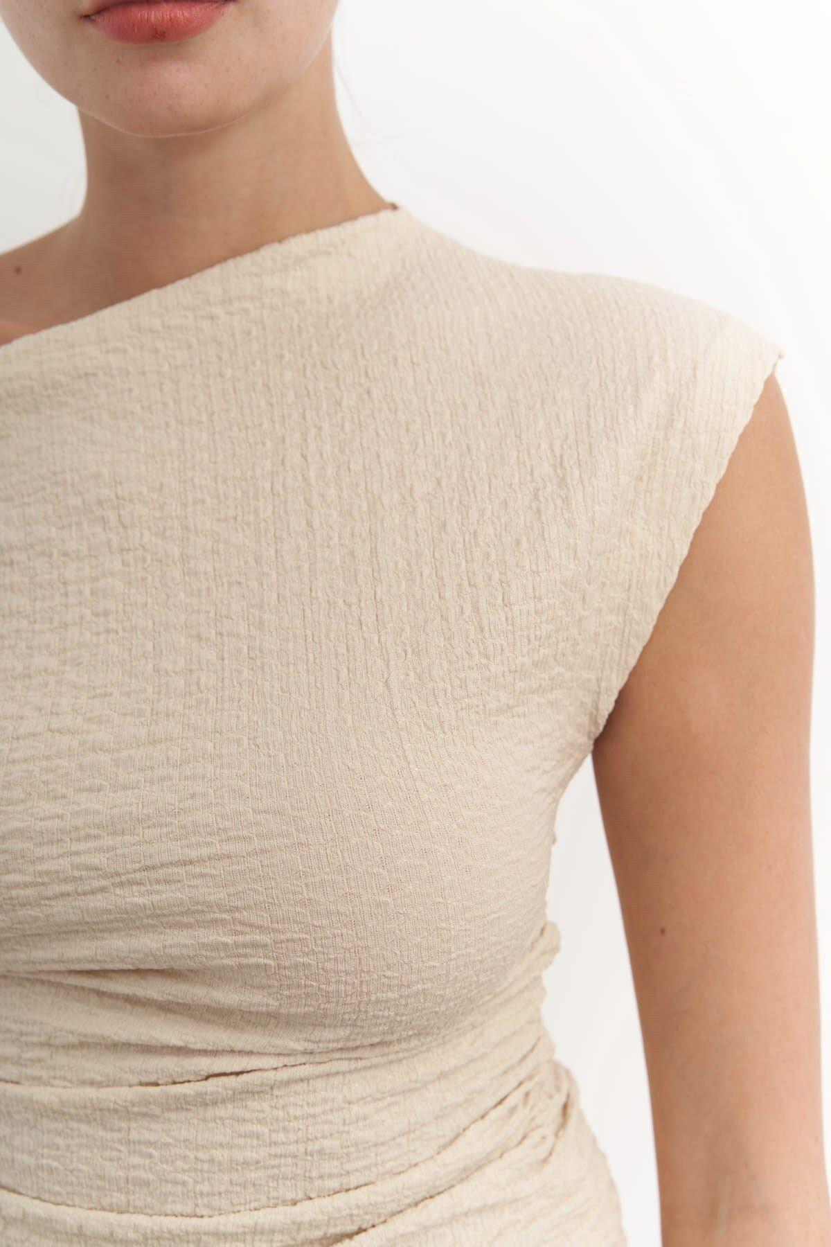 Sona Bej Asimetrik Bluz Pantolon Takım