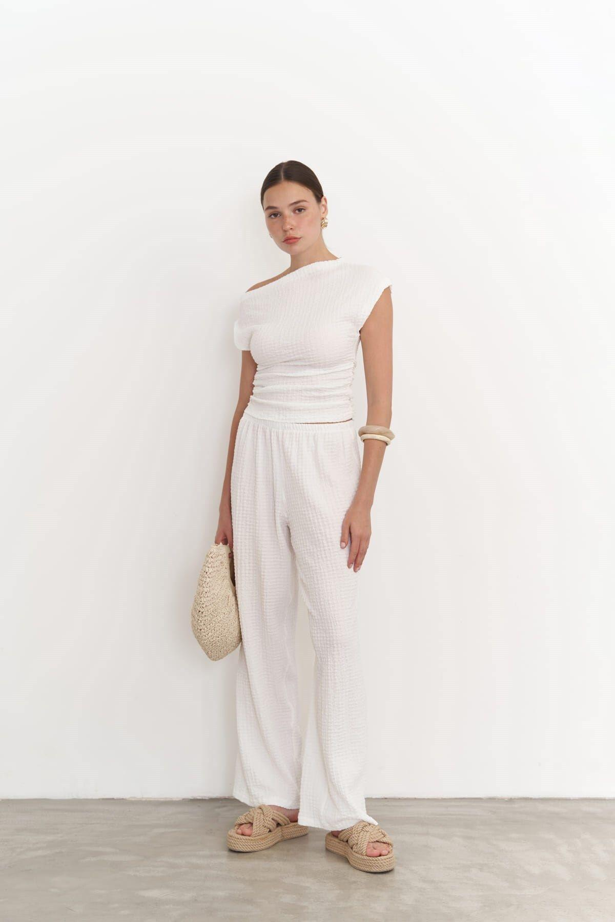 Sona Ecru Asymmetrical Blouse & Trousers Set