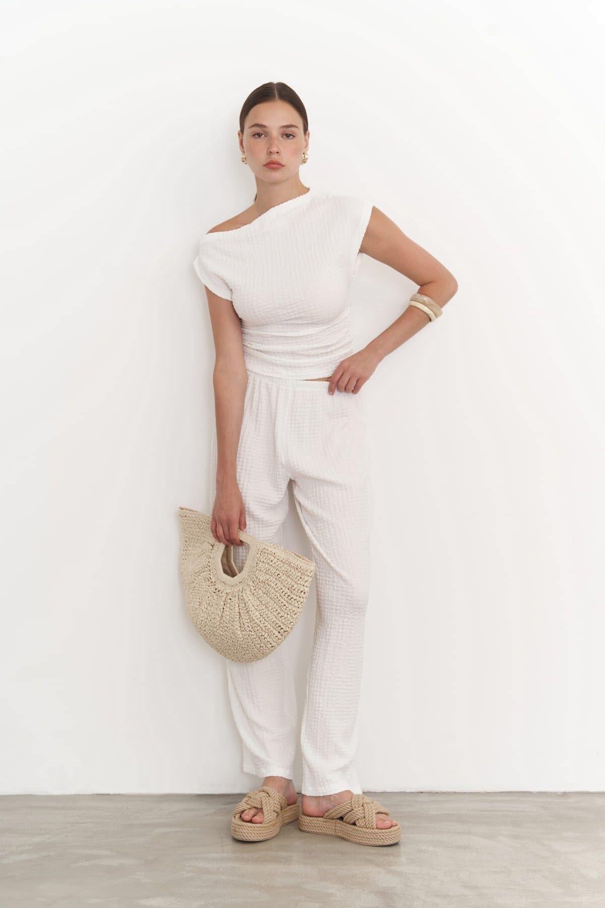 Sona Ecru Asymmetrical Blouse & Trousers Set