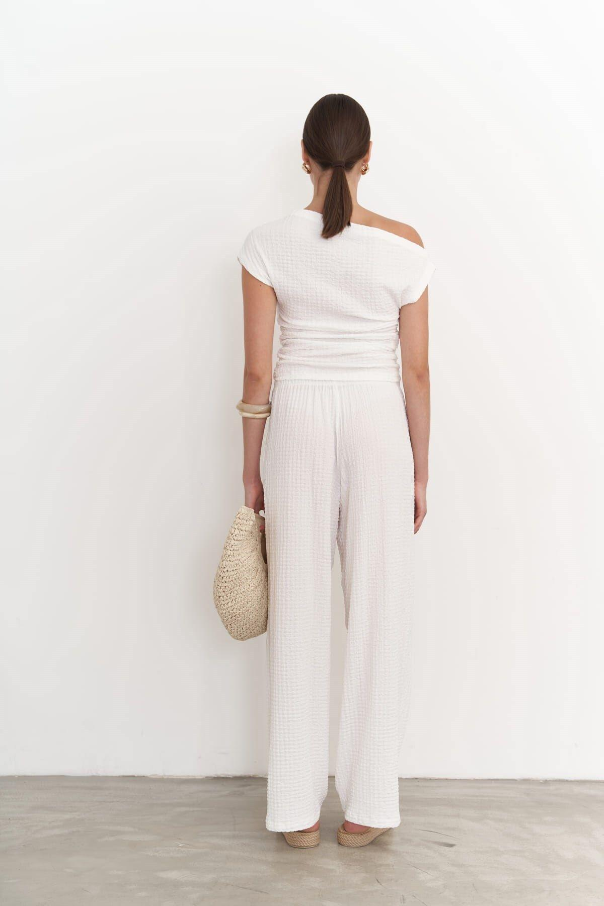 Sona Ecru Asymmetrical Blouse & Trousers Set
