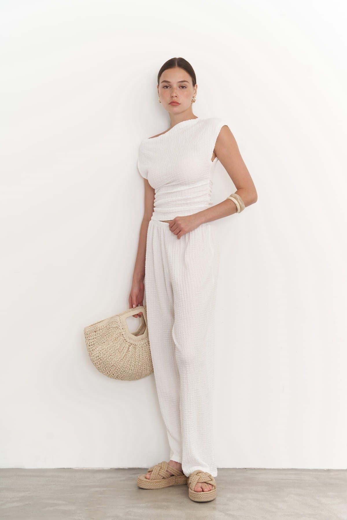 Sona Ecru Asymmetrical Blouse & Trousers Set
