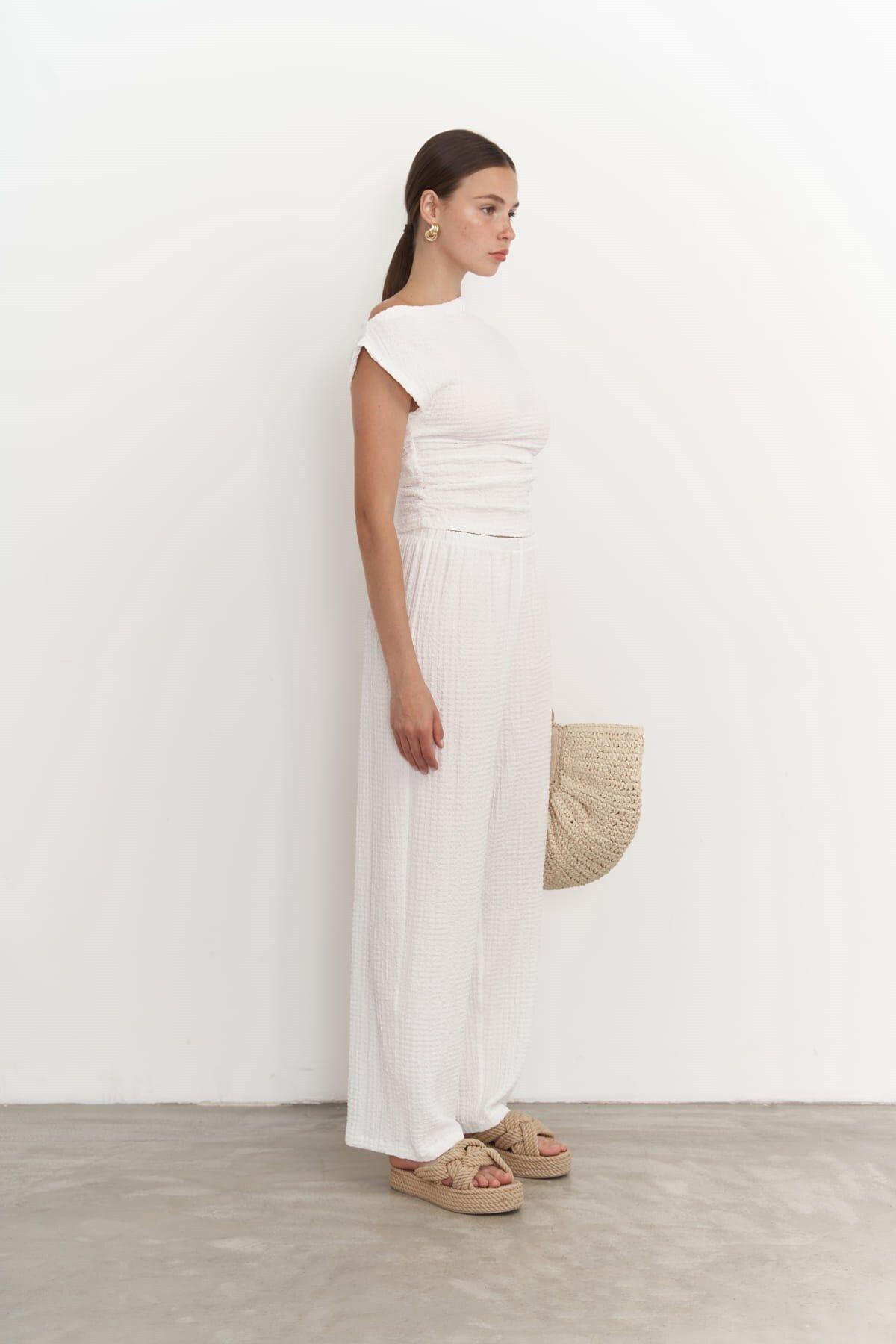 Sona Ecru Asymmetrical Blouse & Trousers Set