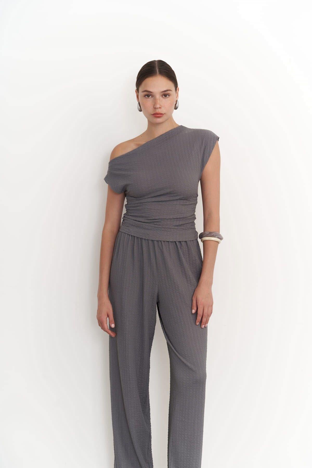 Sona Dark Gray Asymmetrical Blouse & Trousers Set