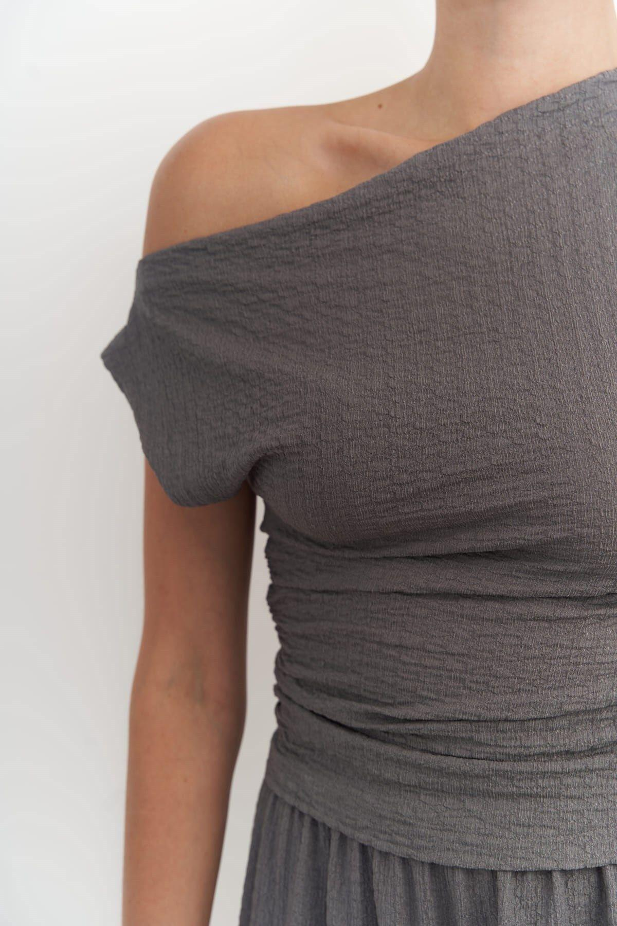 Sona Dark Gray Asymmetrical Blouse & Trousers Set