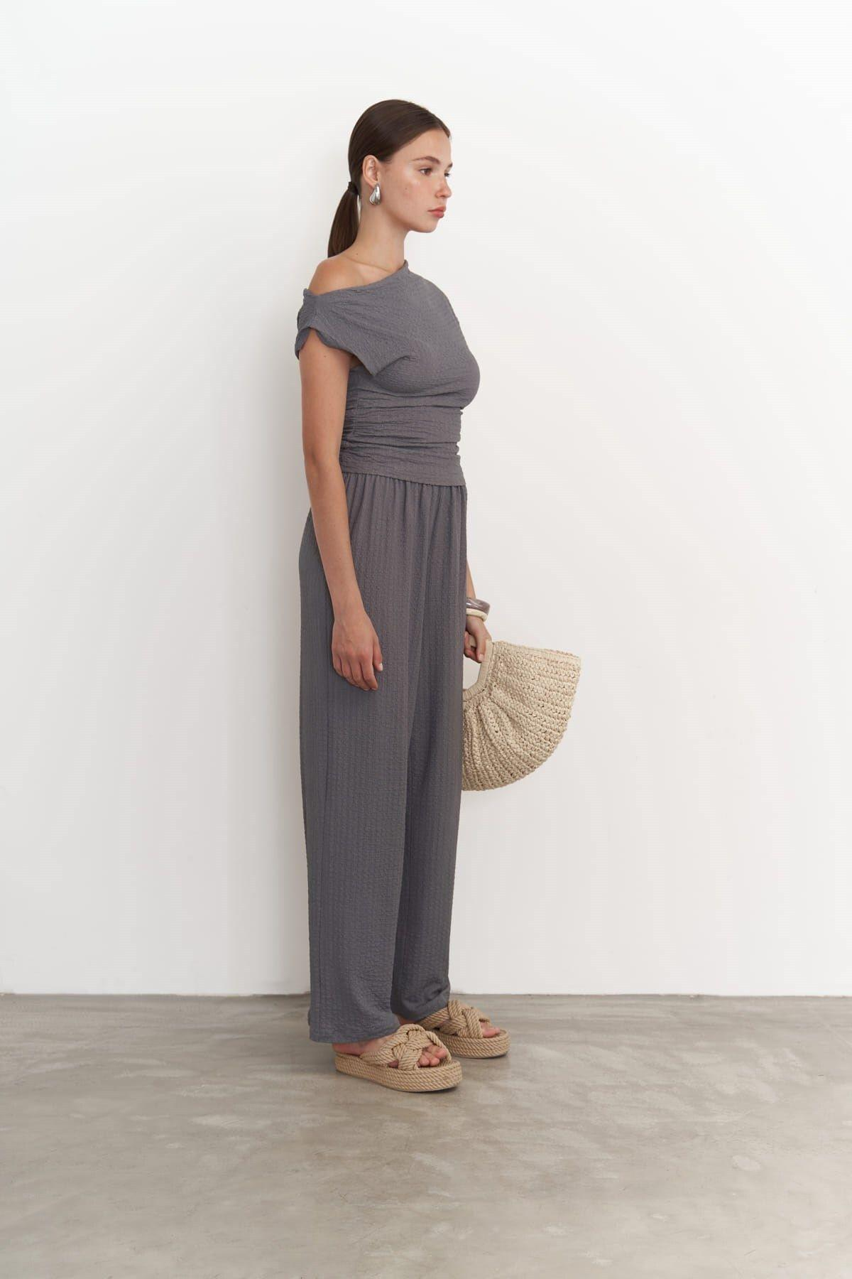 Sona Dark Gray Asymmetrical Blouse & Trousers Set