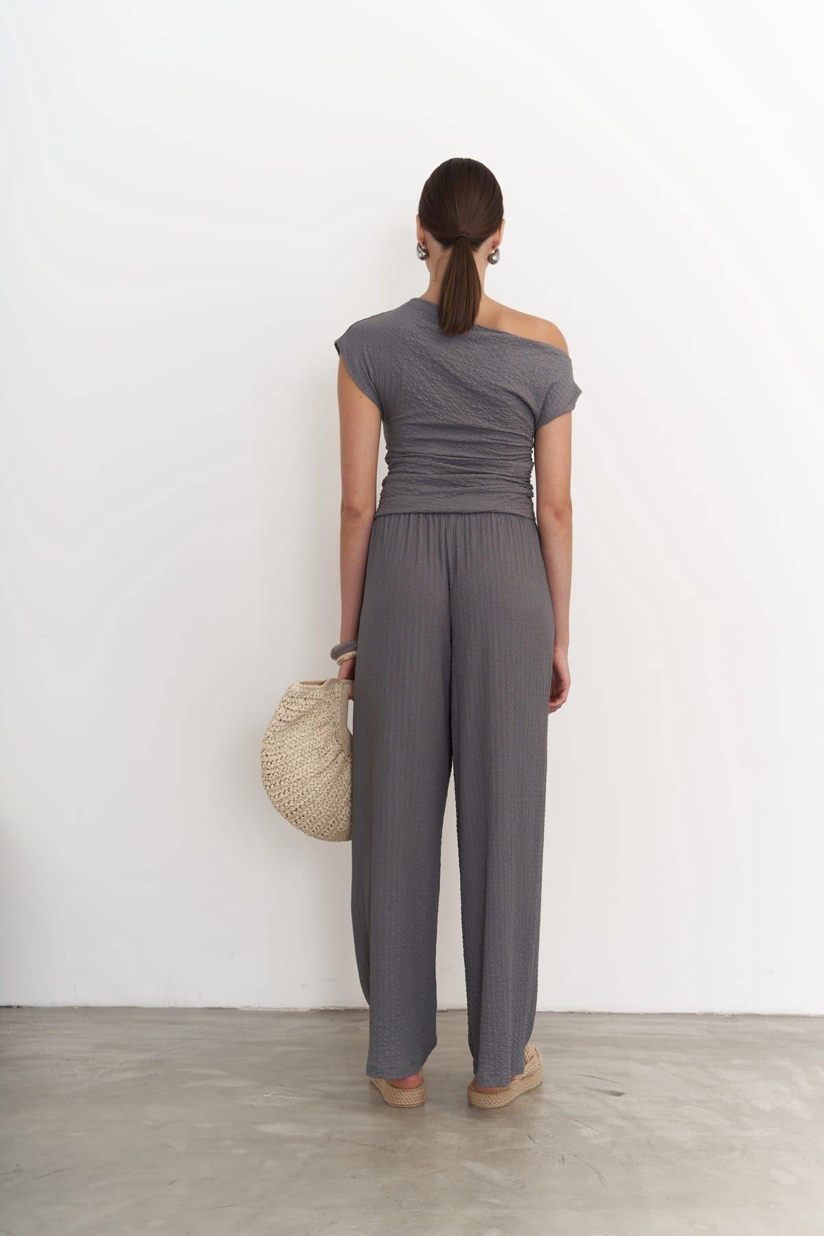 Sona Dark Gray Asymmetrical Blouse & Trousers Set