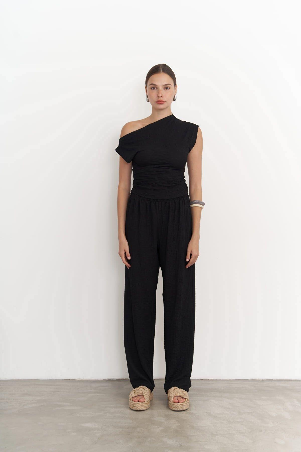 Sona Black Asymmetrical Blouse & Trousers Set