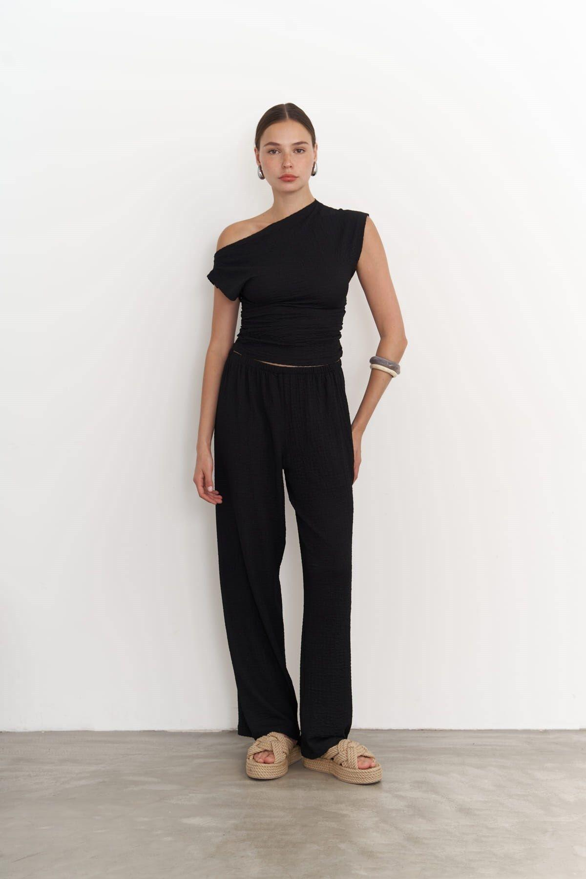 Sona Black Asymmetrical Blouse & Trousers Set