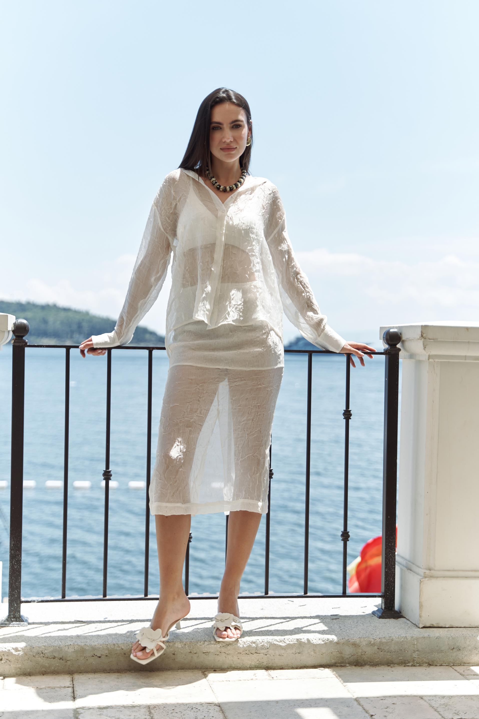 Sorcha Ekru Transparan Gömlek Etek Takım