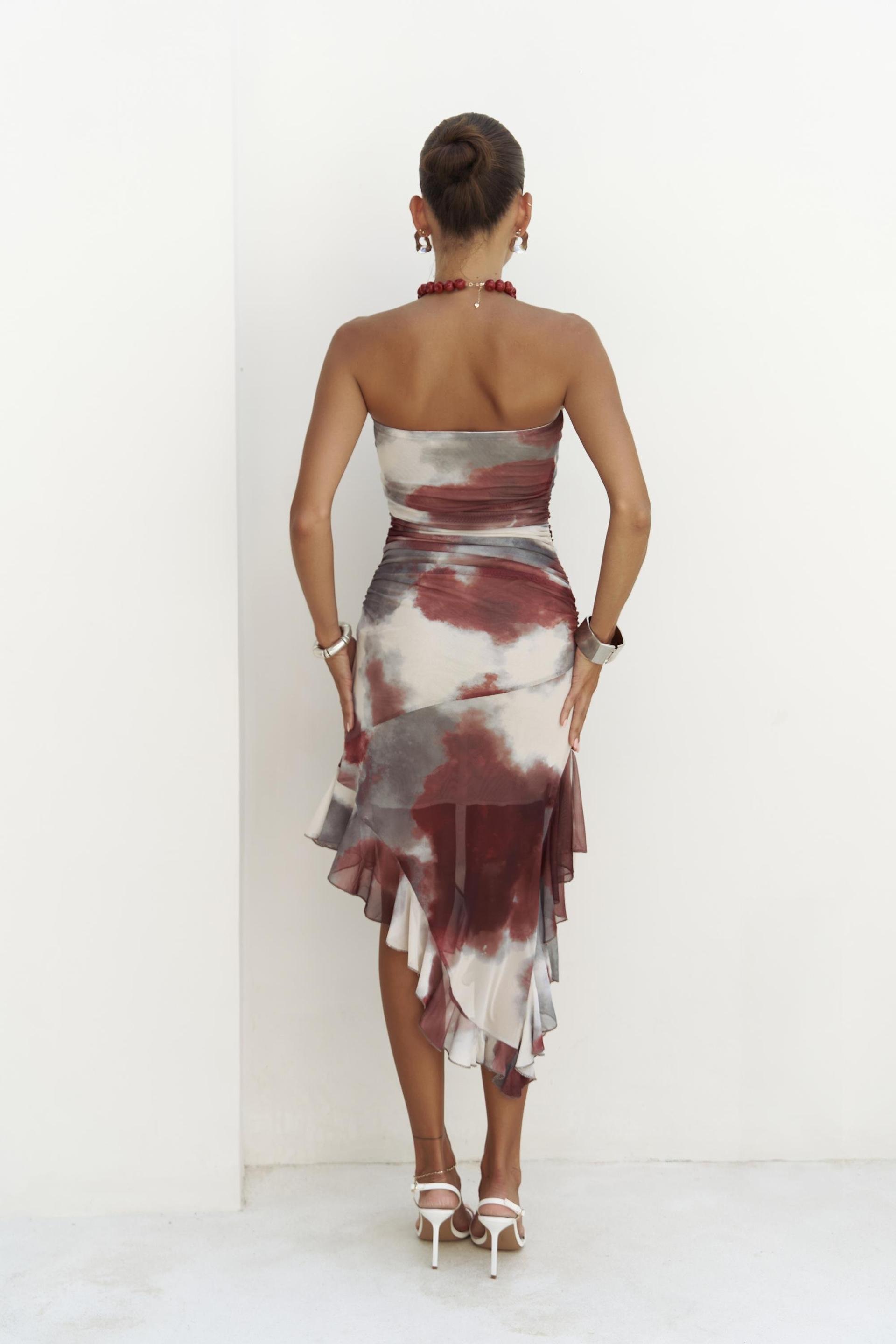 Stracnaha Drape Detaylı Bordo Straplez Elbise