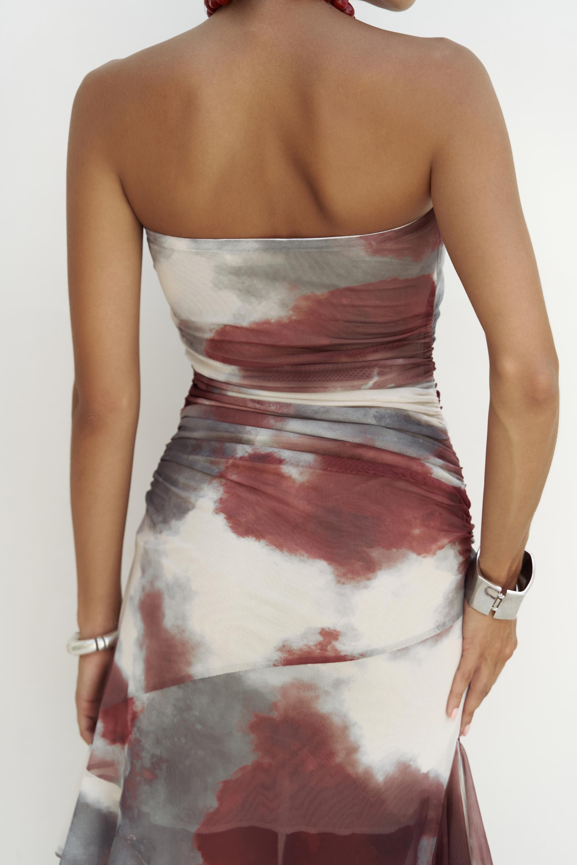 Stracnaha Drape Detaylı Bordo Straplez Elbise