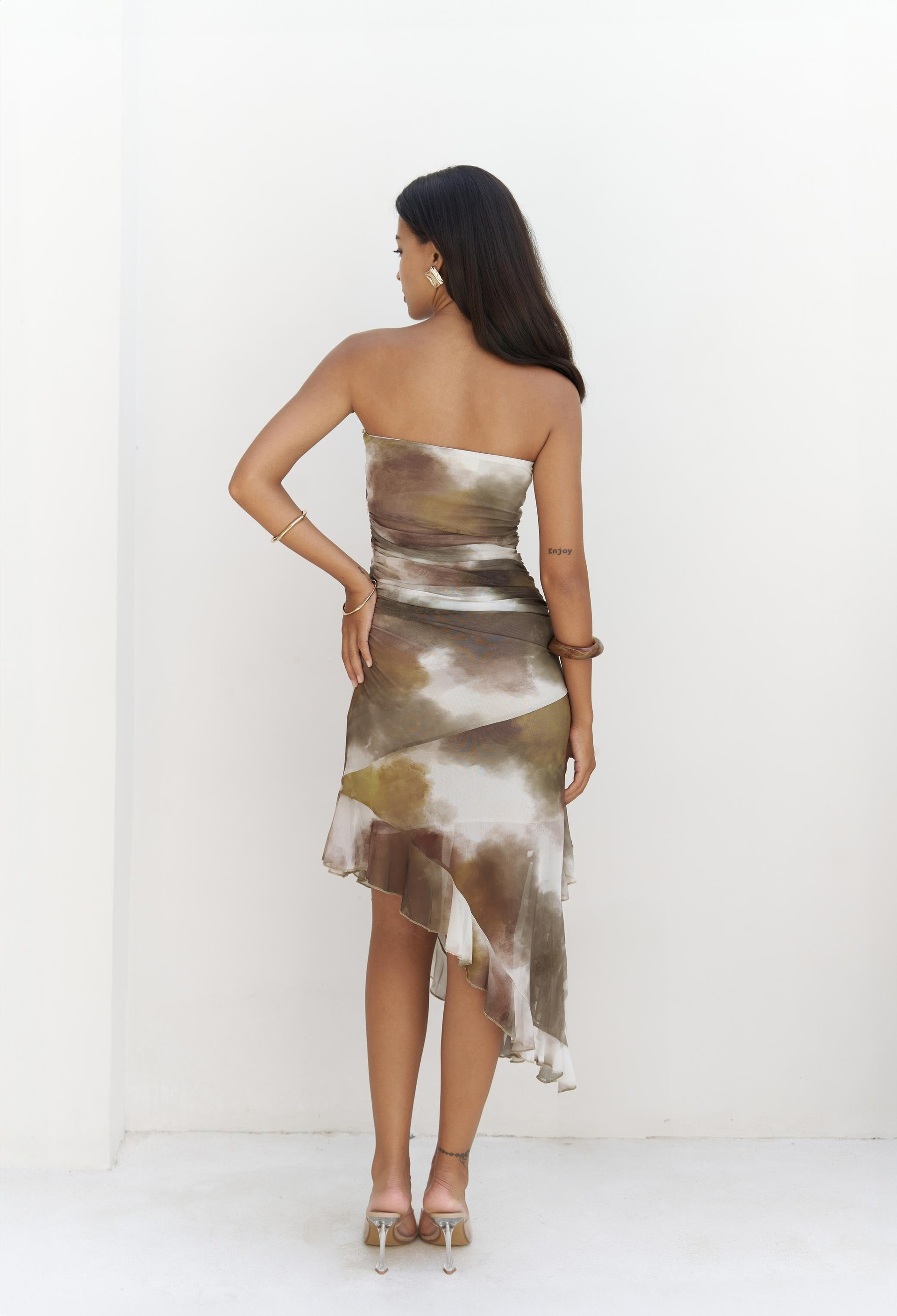 Stracnaha Drape Detaylı Yeşil Straplez Elbise