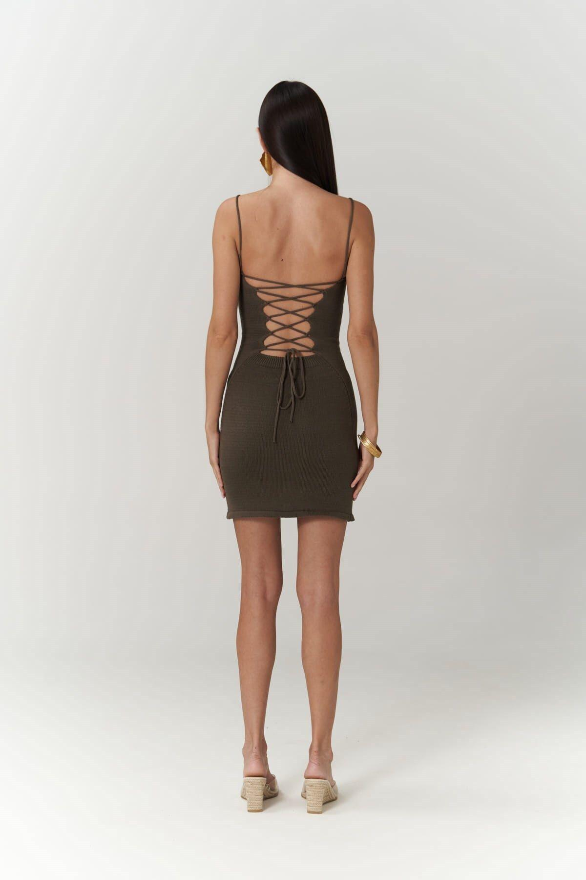 Sunrise Brown Short Knit Dress with Open Back 