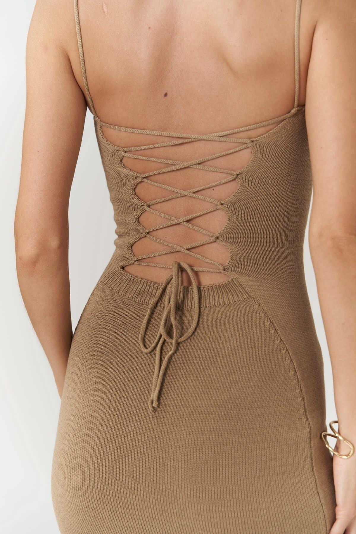 Sunrise Light Brown Short Knit Dress with Open Back 