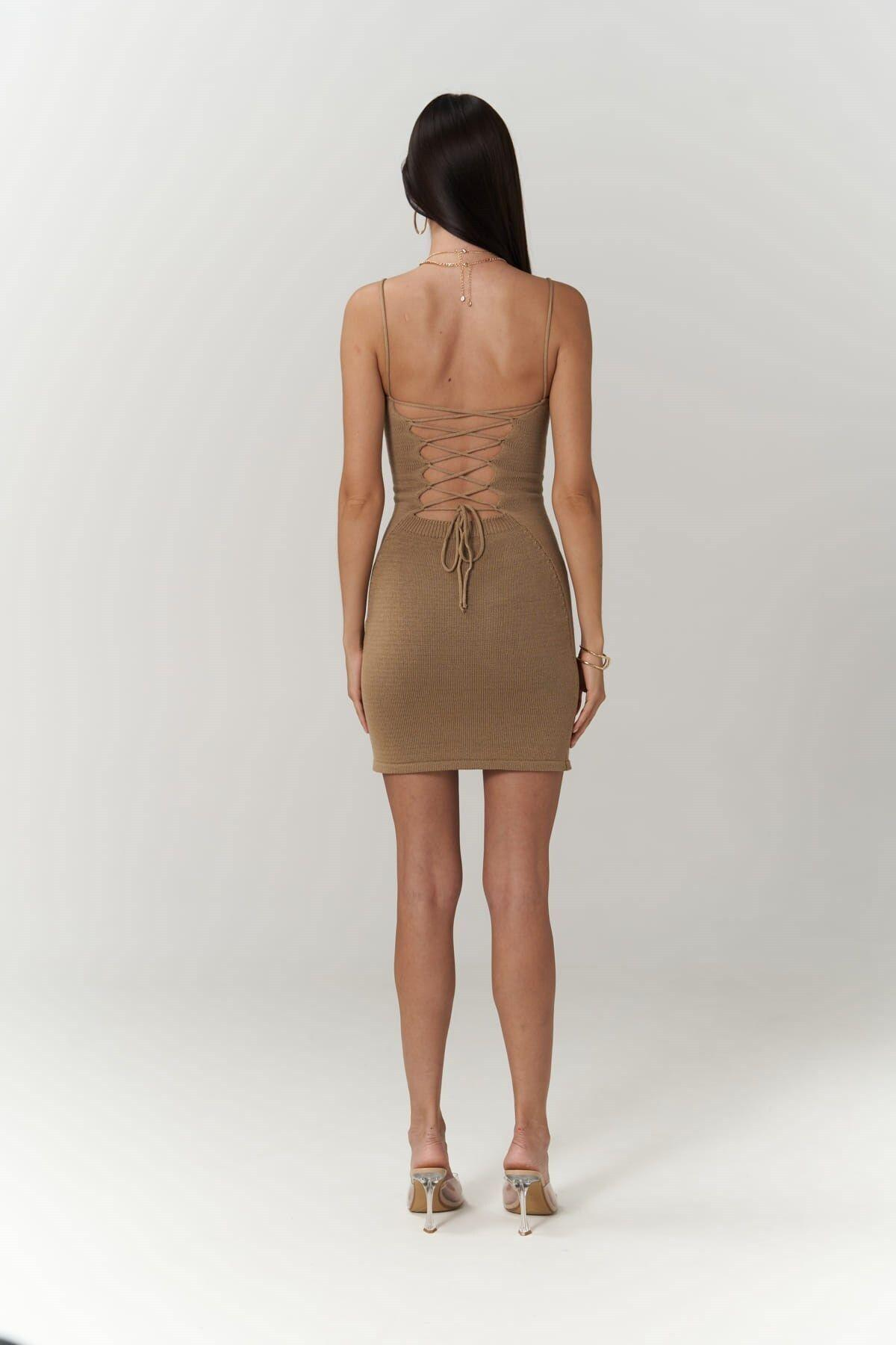 Sunrise Light Brown Short Knit Dress with Open Back 