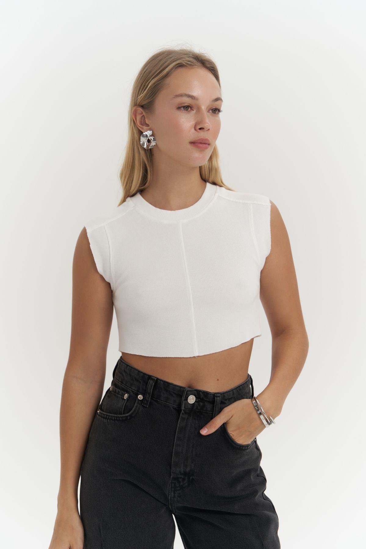 Swipe Beyaz Yıkamalı Crop