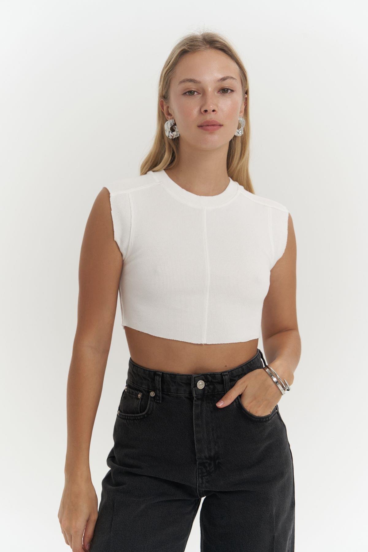 Swipe Beyaz Yıkamalı Crop
