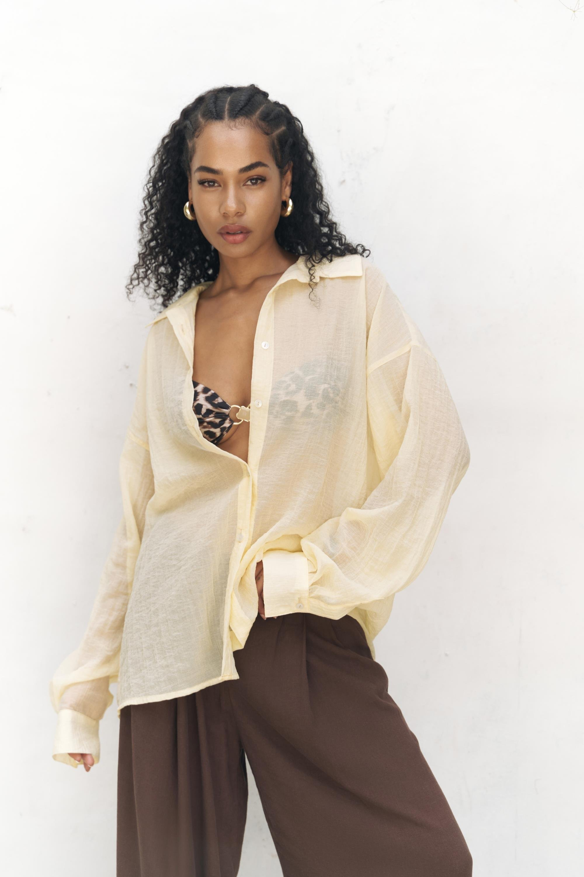 Syaritta Oversize Sarı Transparan Gömlek 