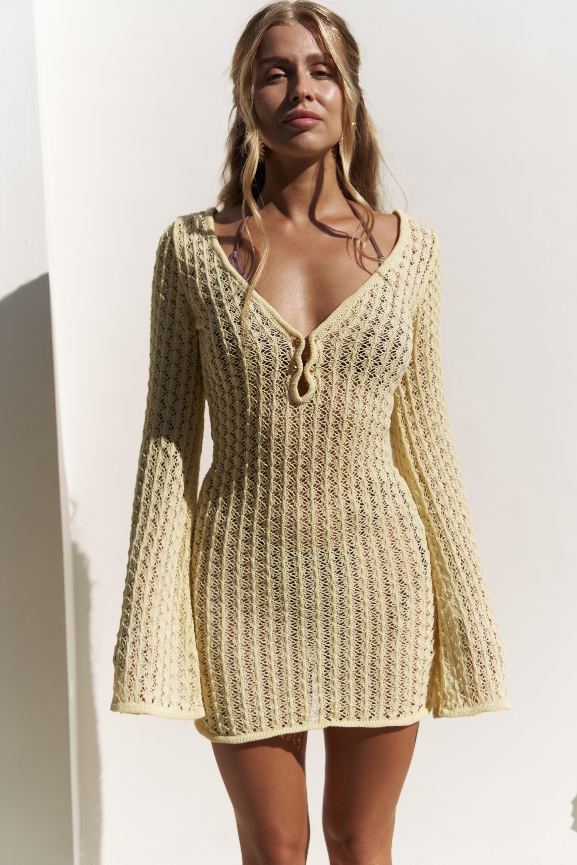 Taufi Metal Aksesuar Detay Sarı Mini Triko Elbise