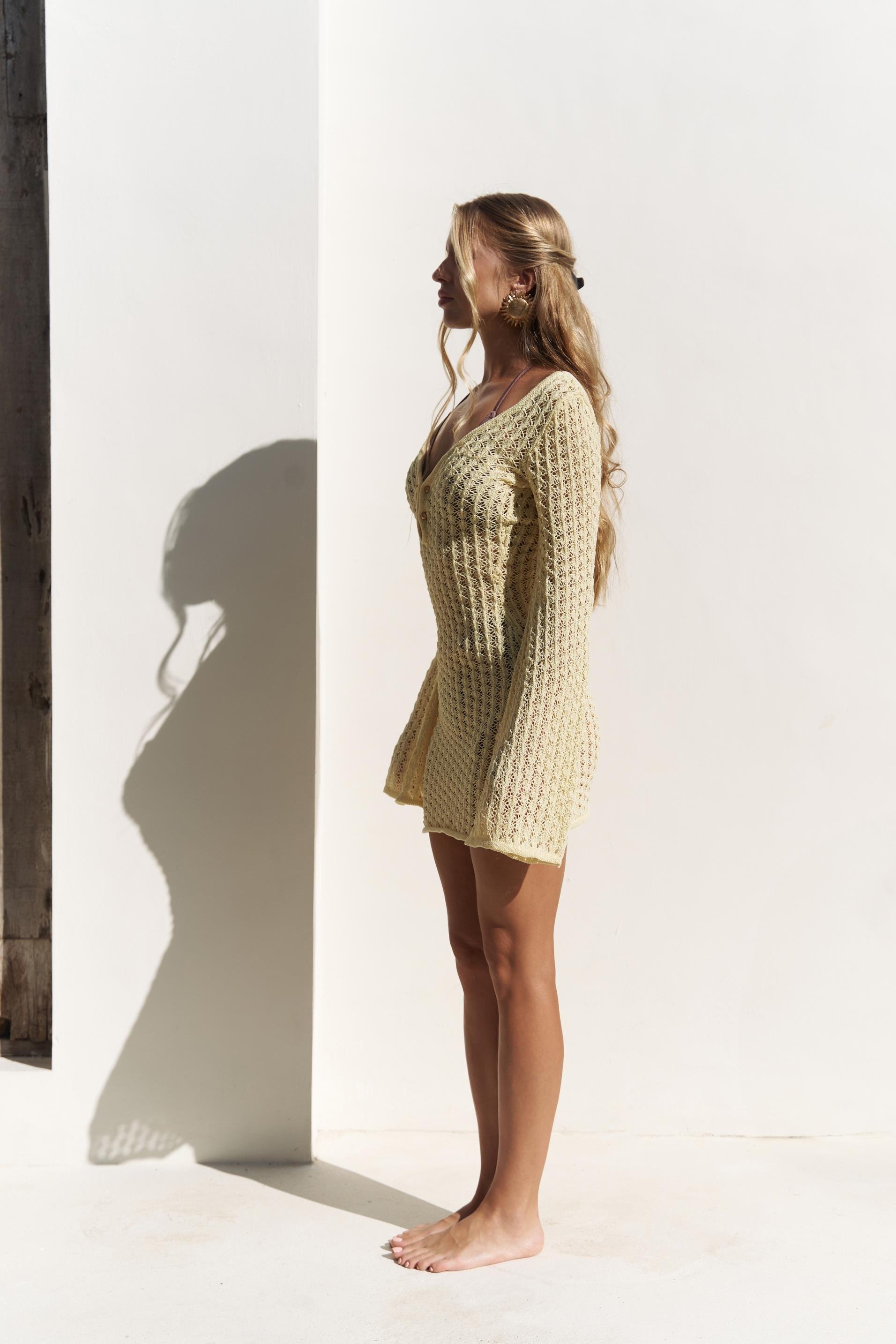 Taufi Metal Aksesuar Detay Sarı Mini Triko Elbise