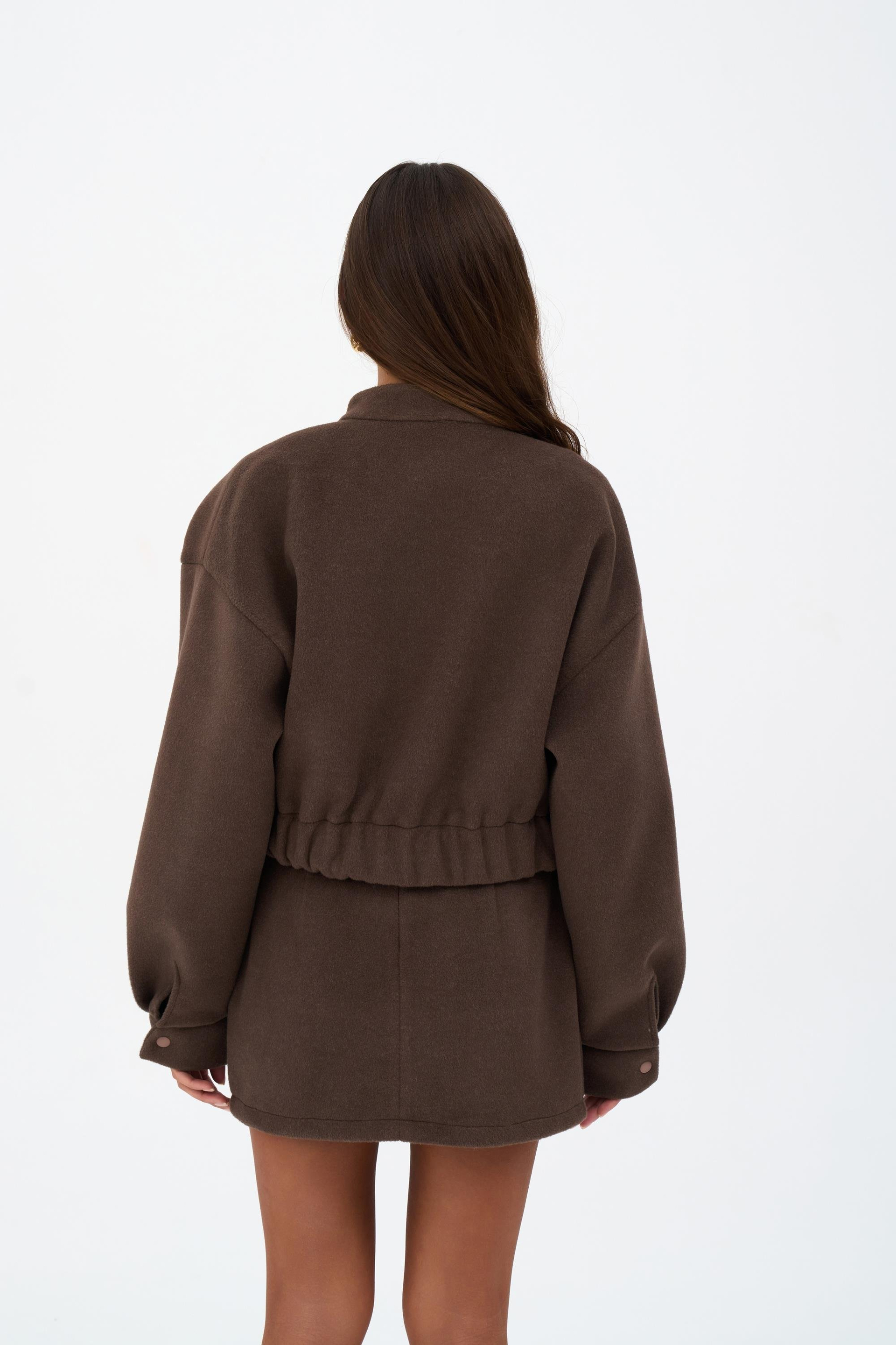 Tenby Koyu Kahve Crop Ceket-Etek Takım