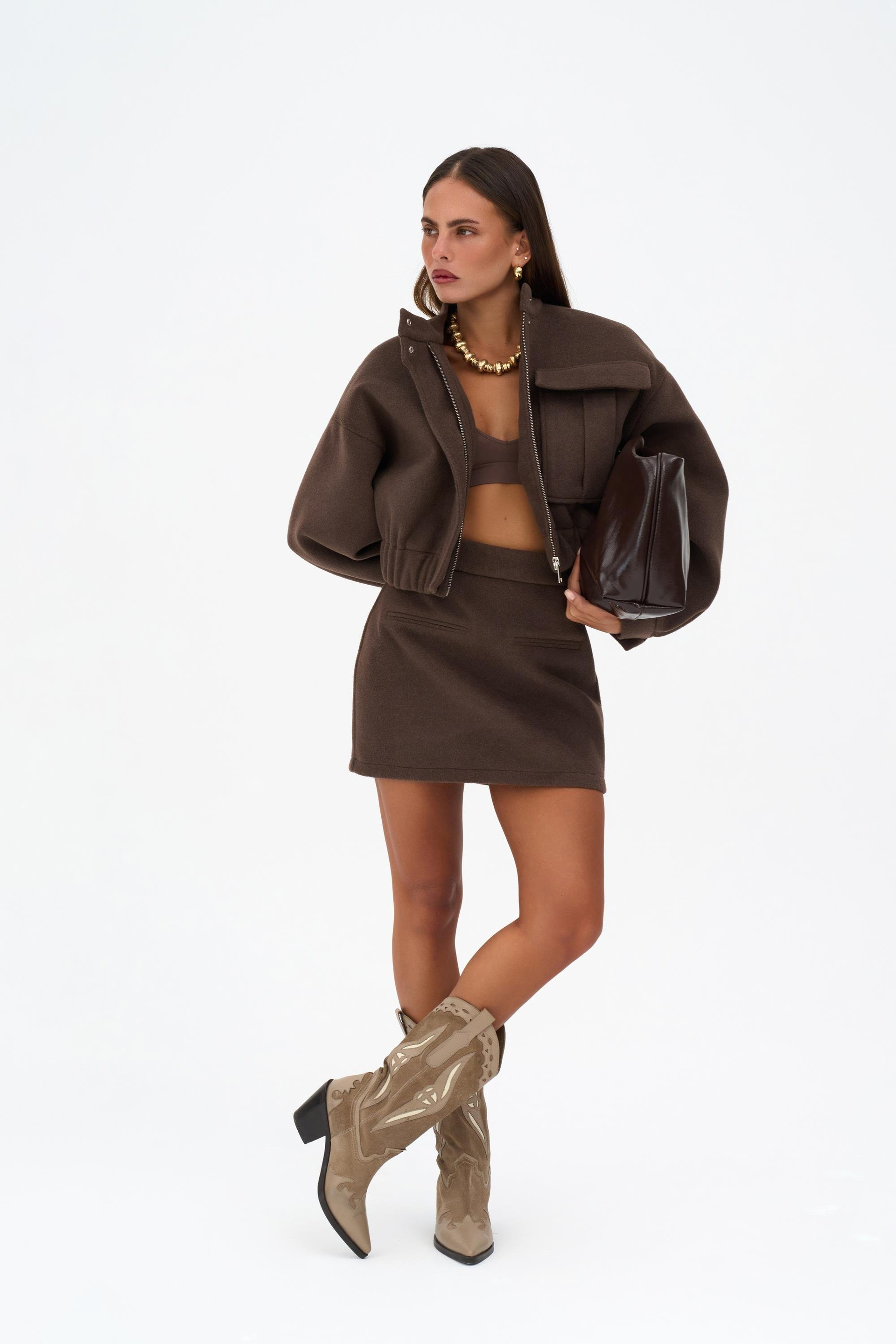 Tenby Koyu Kahve Crop Ceket-Etek Takım
