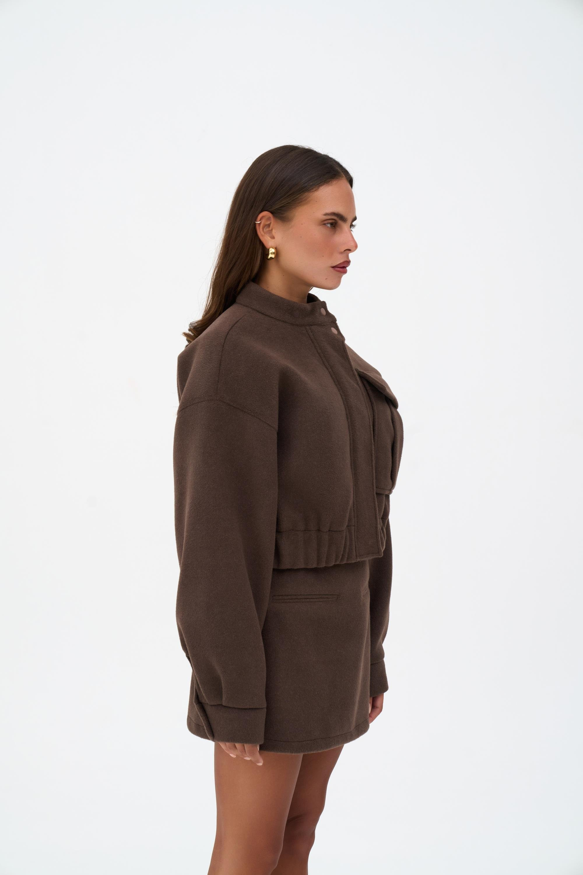 Tenby Koyu Kahve Crop Ceket-Etek Takım