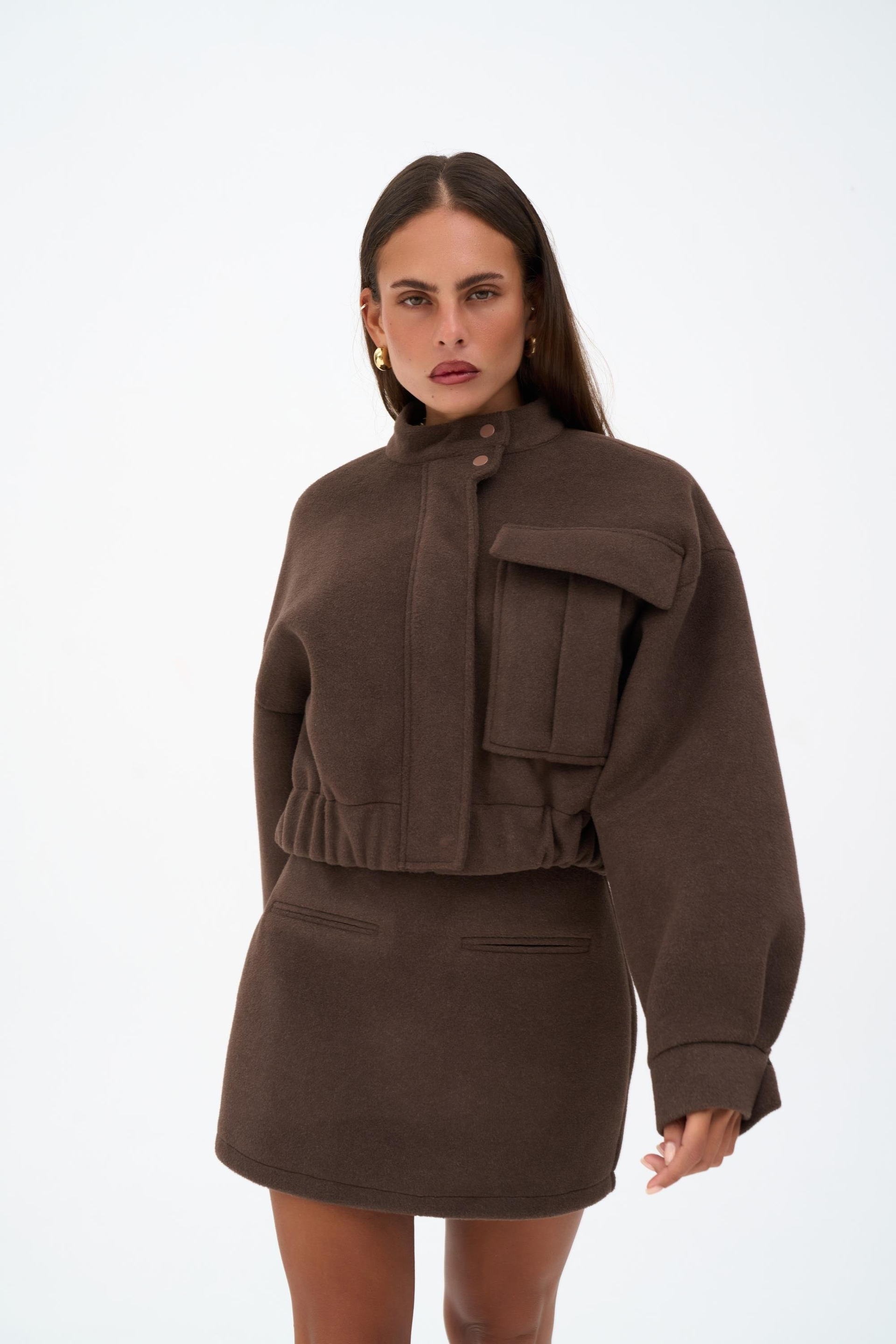 Tenby Koyu Kahve Crop Ceket-Etek Takım