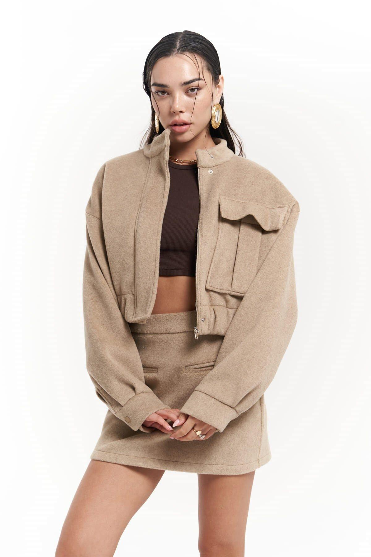 Tenby Taupe Crop Ceket-Etek Takım